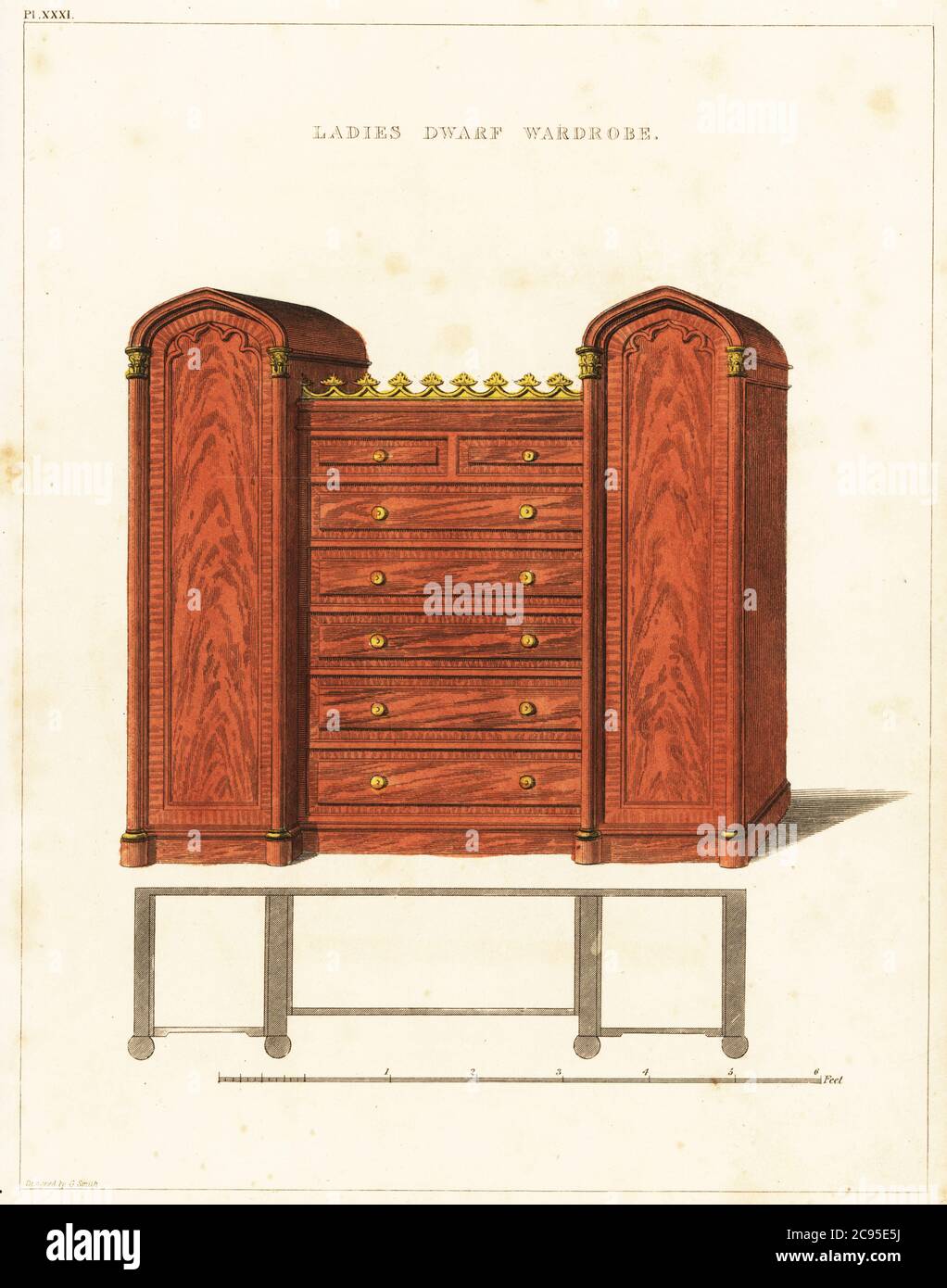 guardaroba da donna in nana, stile Regency. Cassettiera fiancheggiata da due bassi armadi ad arco, in legno intagliato decorato con manici dorati e ornamenti. Incisione a mano su copperplate da The Cabinet-Maker and Upholsterer’s Guide di George Smith, Jones and Co., Londra, 1828. George Smith era un sostenitore e disegnatore di mobili di sua Maestà (il Principe del Galles, poi Re Giorgio IV), circa 1786-1826. Foto Stock