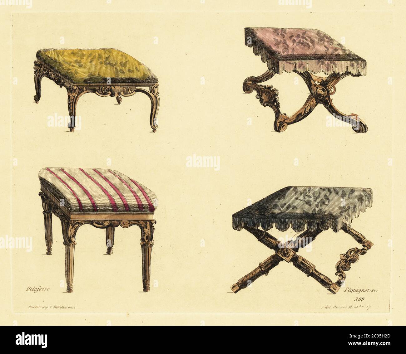 Sgabelli e sgabelli in legno intagliato e ricco tessuto in stile Luigi XVI. Incisione a mano di Pequegnot dopo un’illustrazione di Jean Charles Delafosse da Auguste Pequegnot’s ornaments vases et decorations diapers les maitres, Pierron, Parigi, 1856. Jean-Charles Delafosse è stato un architetto e designer francese nel gout antico o Luigi XVI stile 1734–1789. Foto Stock