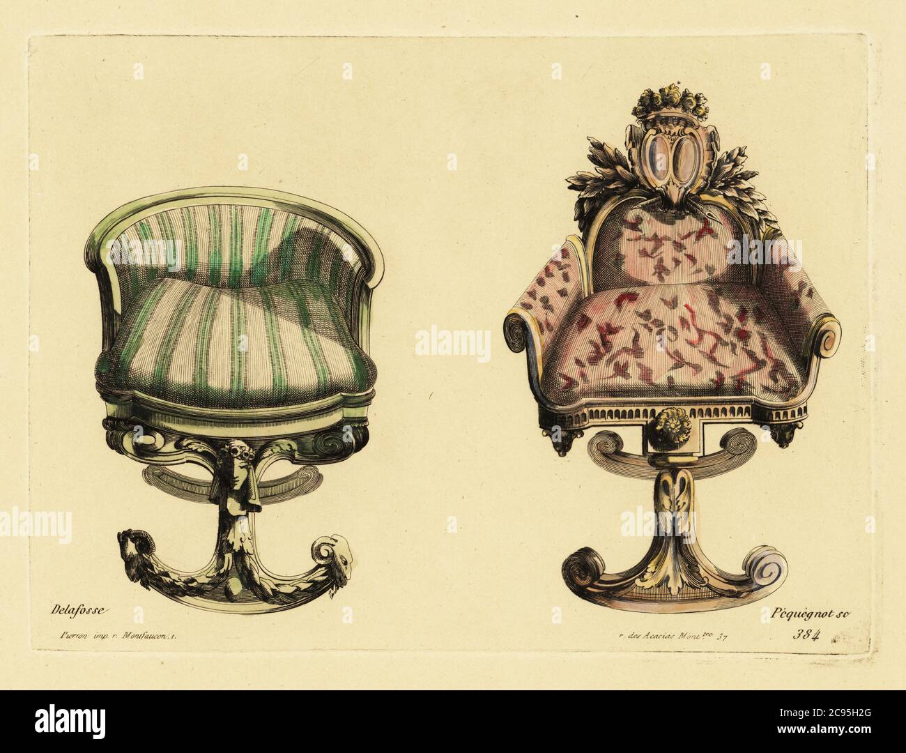 Poltrone da salotto in legno intagliato e tessuti pregiati in stile Luigi XVI. Incisione a mano di Pequegnot dopo un’illustrazione di Jean Charles Delafosse da Auguste Pequegnot’s ornaments vases et decorations diapers les maitres, Pierron, Parigi, 1856. Jean-Charles Delafosse è stato un architetto e designer francese nel gout antico o Luigi XVI stile 1734–1789. Foto Stock