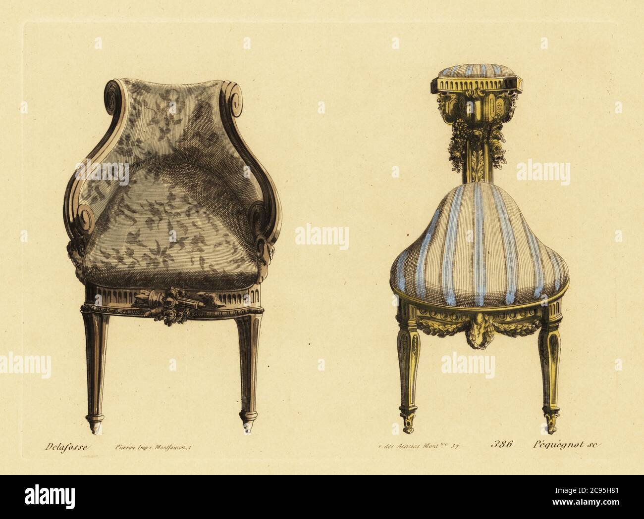 Poltrona da salotto e sedia a tre gambe in legno intagliato ornato con ricco tessuto in stile Luigi XVI. Incisione a mano di Pequegnot dopo un’illustrazione di Jean Charles Delafosse da Auguste Pequegnot’s ornaments vases et decorations diapers les maitres, Pierron, Parigi, 1856. Jean Charles Delafosse è stato un designer francese, dal 1734 al 1789. Foto Stock