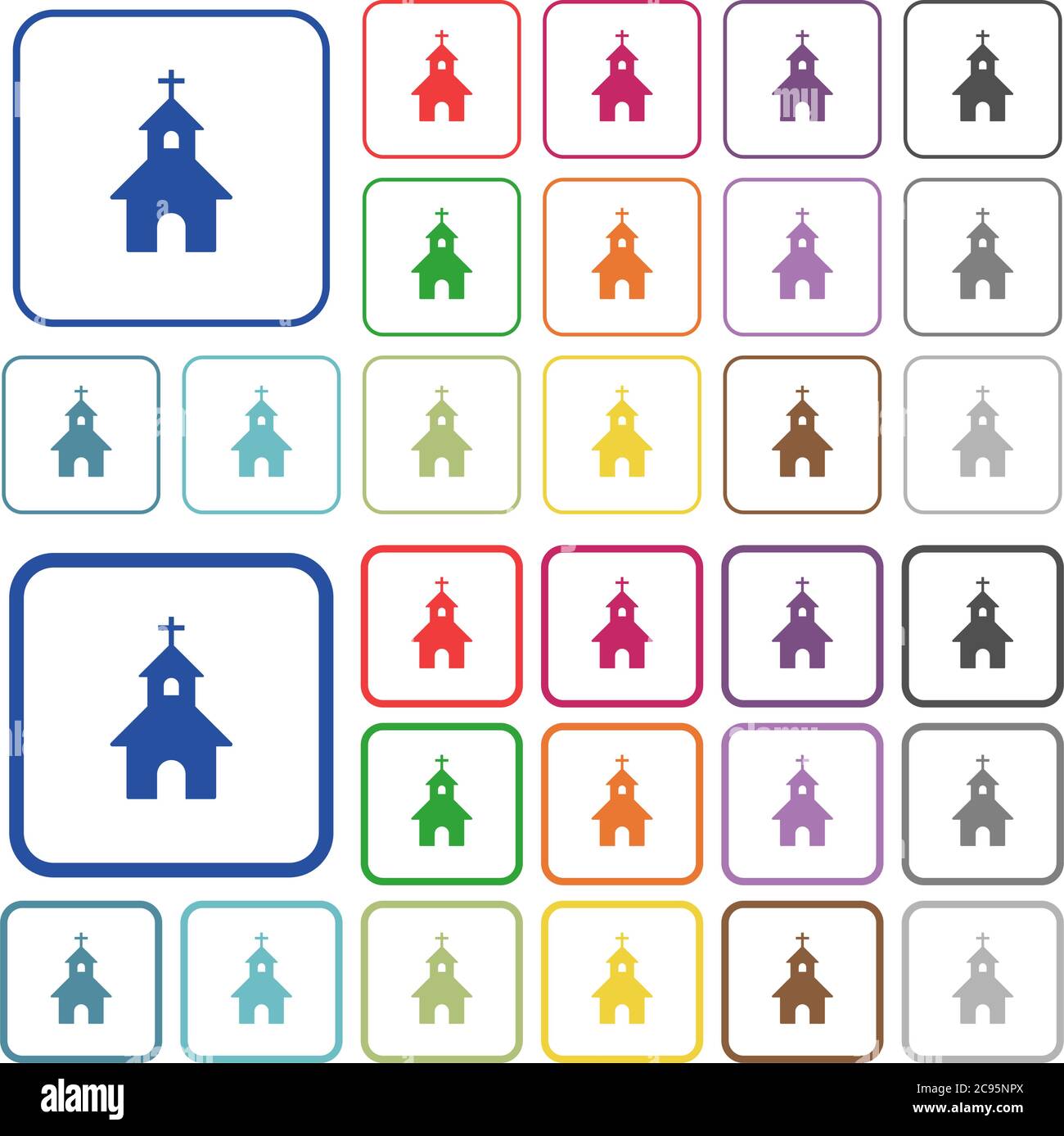 Icone piatte a colori arricciate in cornici quadrate arrotondate. Versioni sottili e spesse incluse. Illustrazione Vettoriale