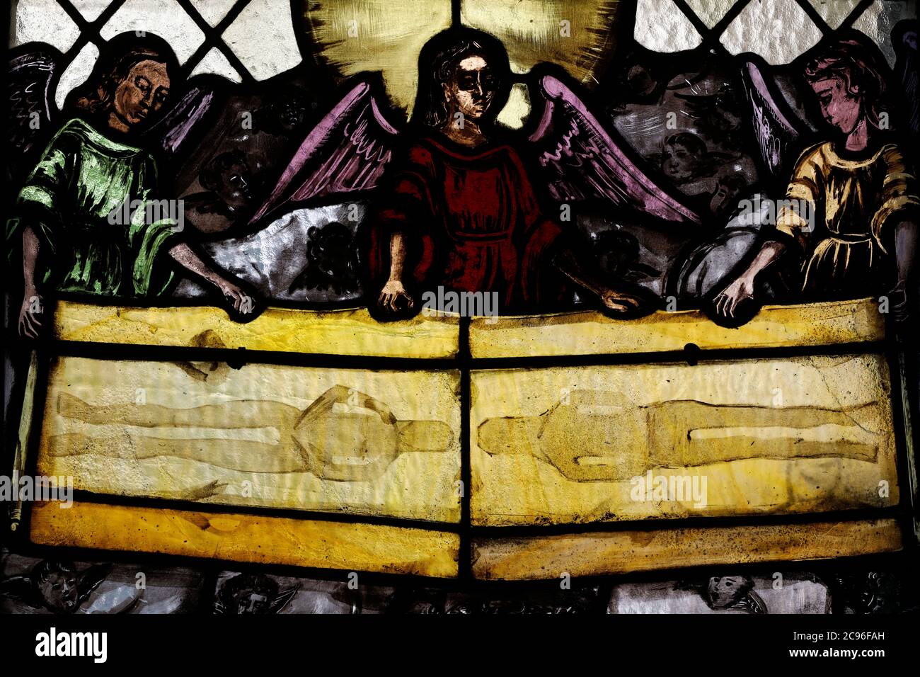 Chiesa di San Giuseppe des Fins. Finestra in vetro colorato. La Sindone di Torino. Annecy. Francia. Foto Stock