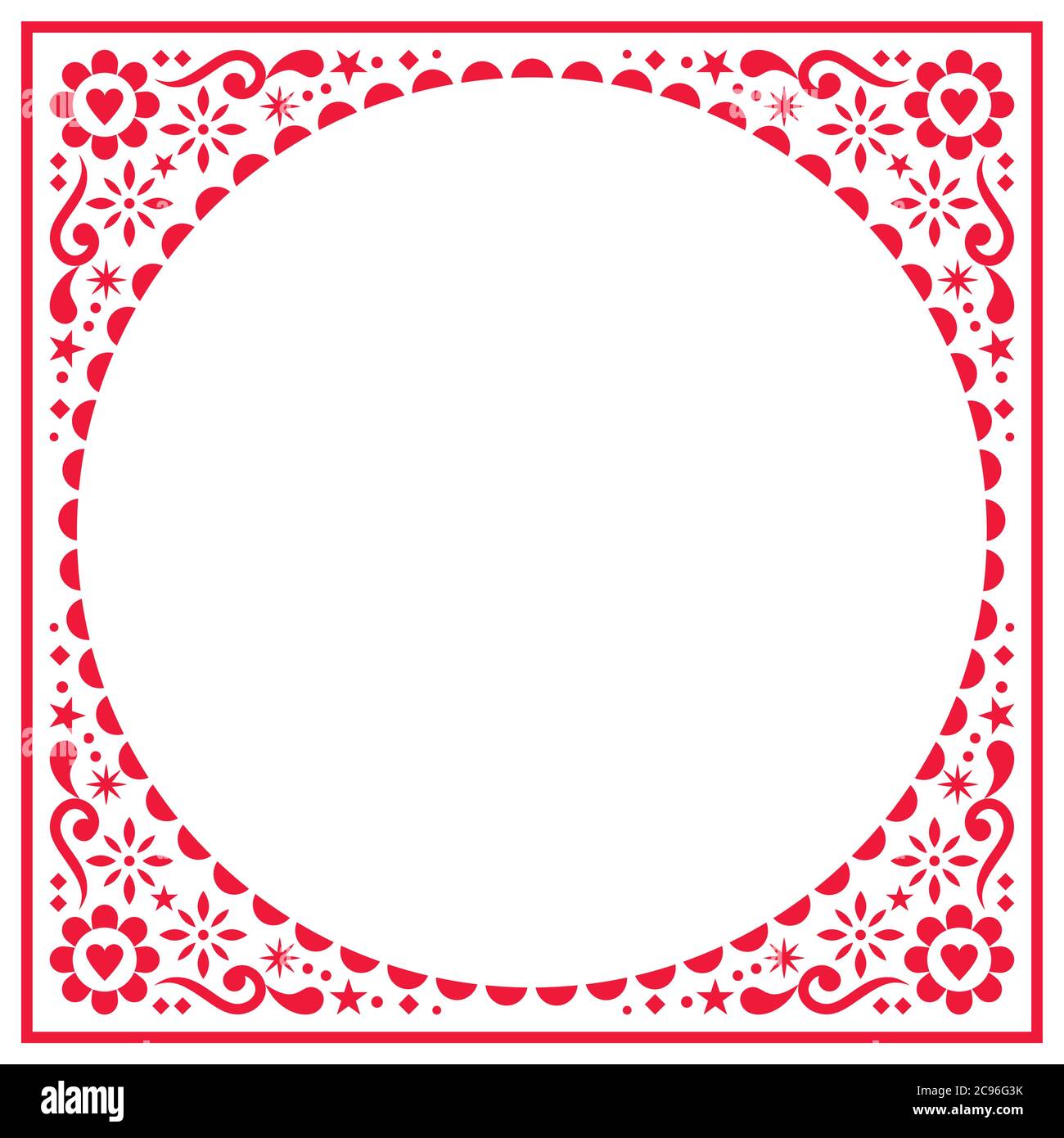 Biglietto d'auguri folcloristico scandinavo o disegno vettoriale di invito al matrimonio, motivo etnico floreale in rosso su bianco Illustrazione Vettoriale