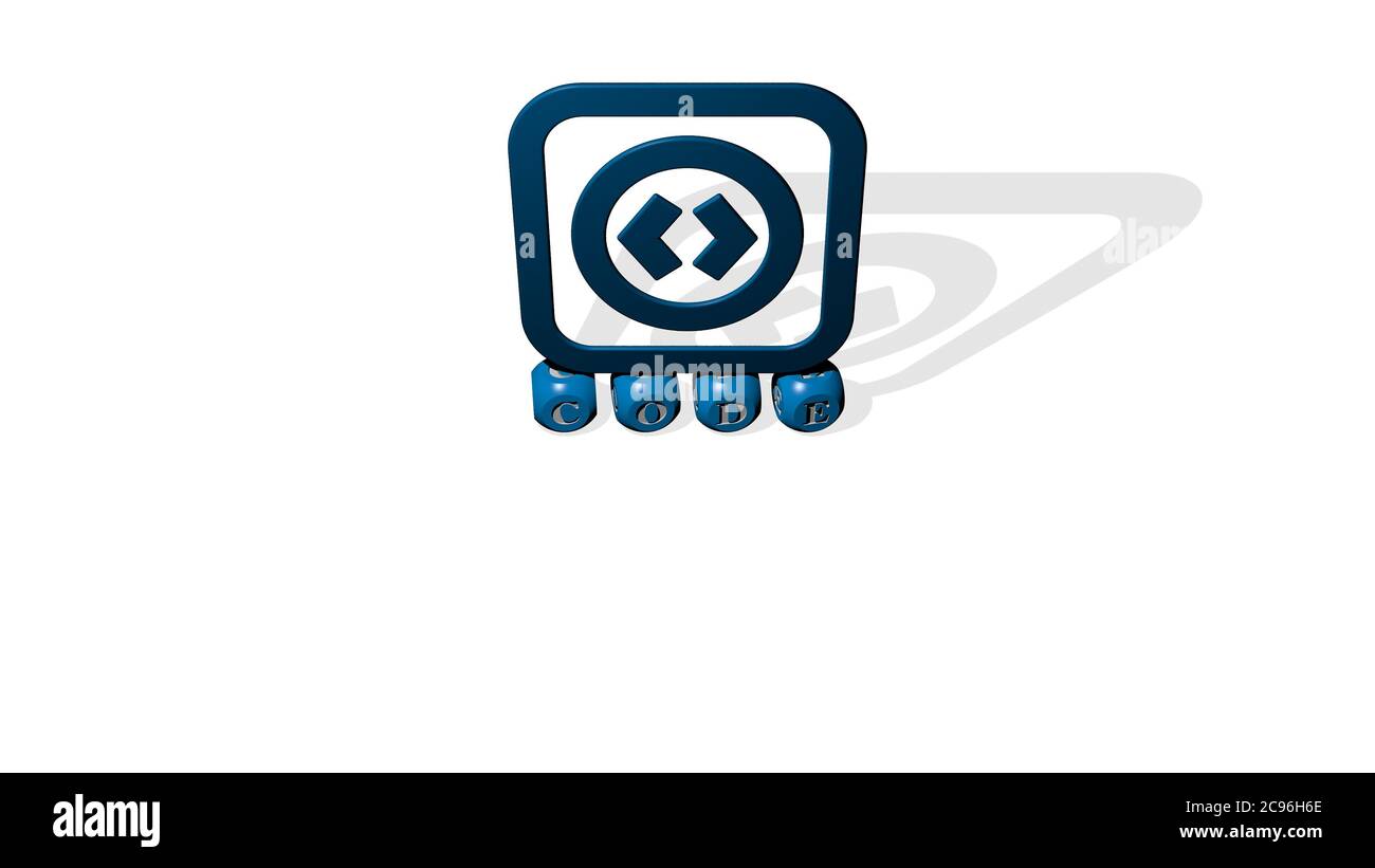 Immagine grafica 3D del CODICE in verticale insieme al testo realizzato da lettere cubiche metalliche dalla prospettiva superiore, eccellente per la presentazione concettuale e le presentazioni. Illustrazione e sfondo Foto Stock