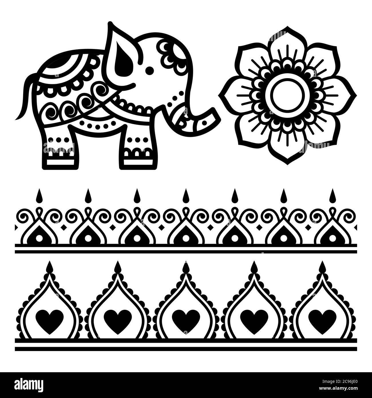 Mehndi elementi di design mandala vettore indiano - elefante, mandala floreale, tatuaggio henné set di paterns Illustrazione Vettoriale