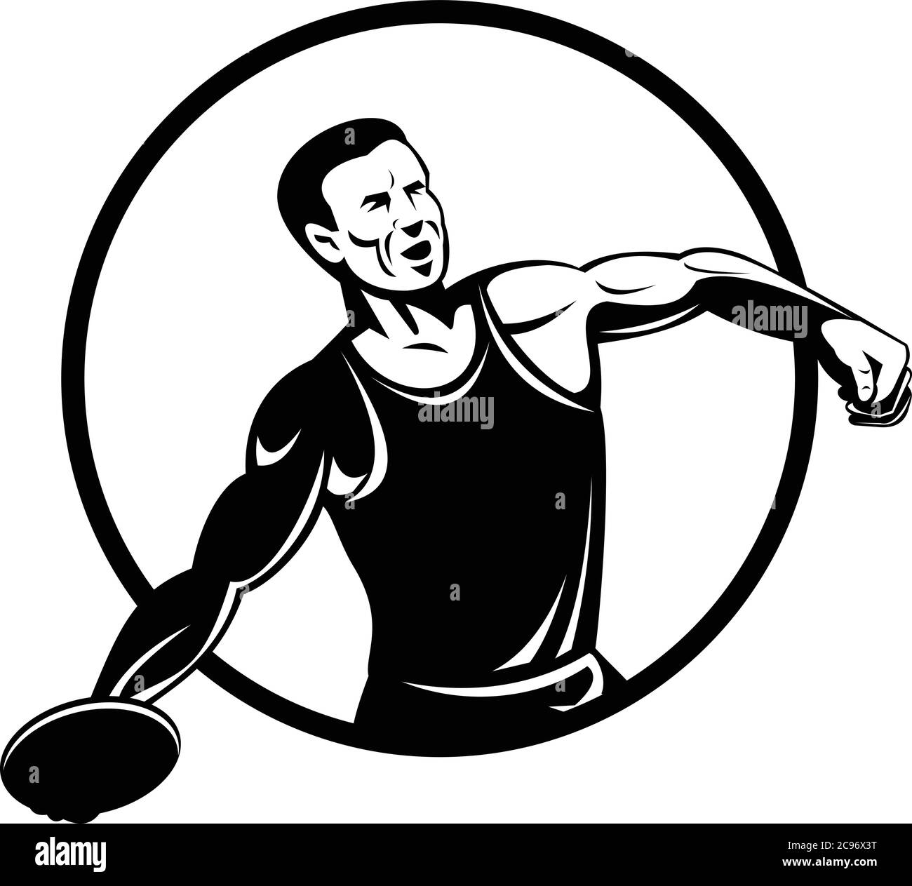 Illustrazione in stile retrò di un lancio discus o disco, un tracciato e un evento sul campo in cui un atleta lancia un disco pesante, ambientato all'interno del cerchio sull'isolat Illustrazione Vettoriale