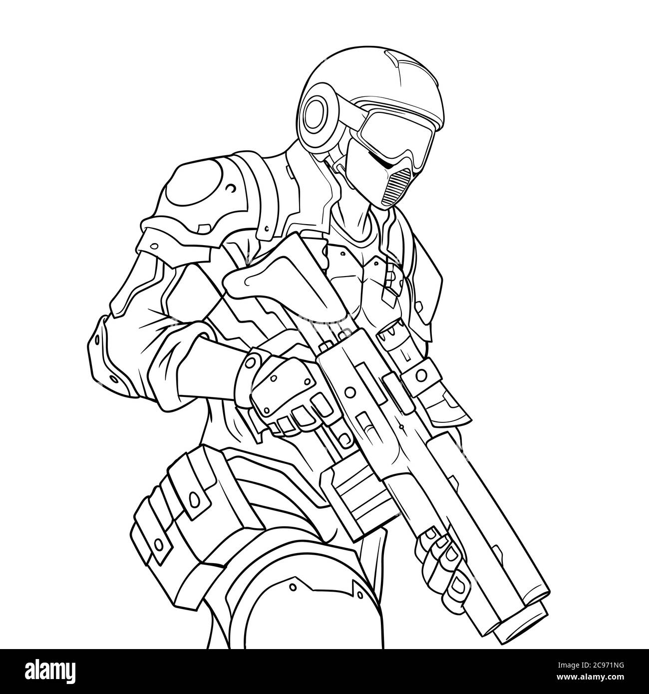 Disegno di contorno di un aereo da attacco militare con arma automatica Illustrazione Vettoriale