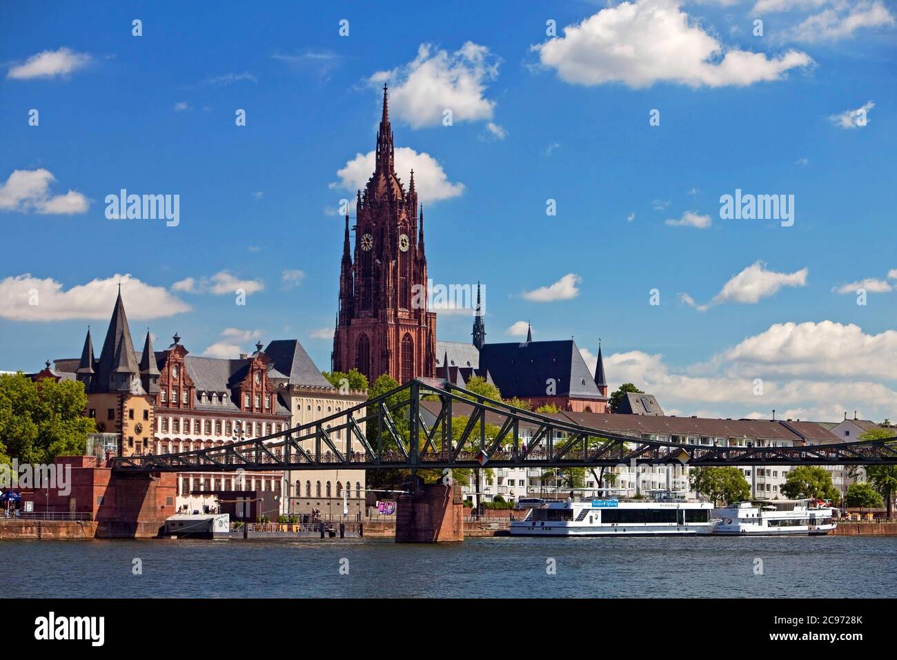 Paesaggio urbano con il meno e la Cattedrale Imperiale di San Bartolomeo, Germania, Assia, Francoforte sul meno Foto Stock