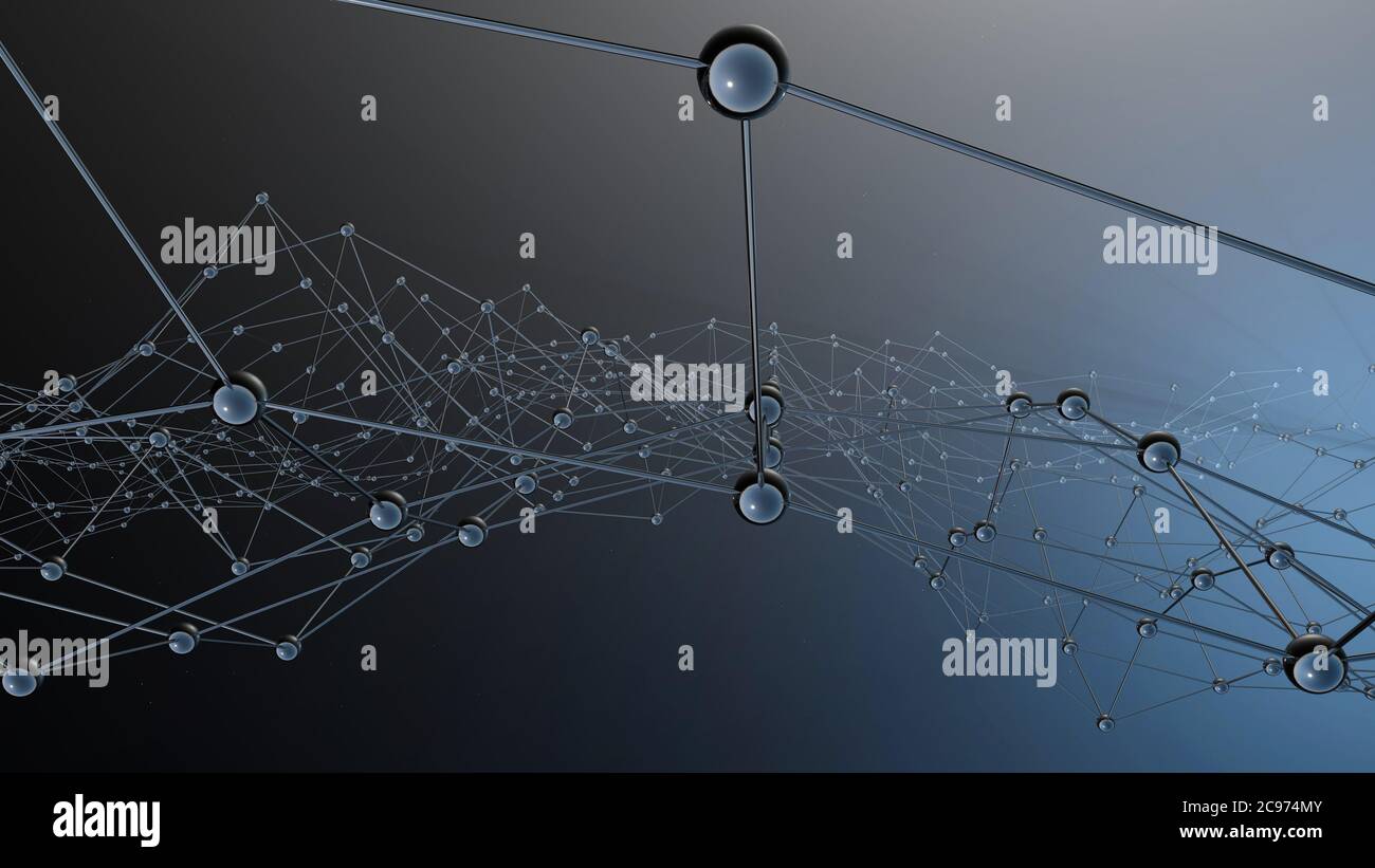 Rete, nodi e facce. Astratto moderno background tecnologico, rendering 3D. Tecnologie e visualizzazioni. Foto Stock