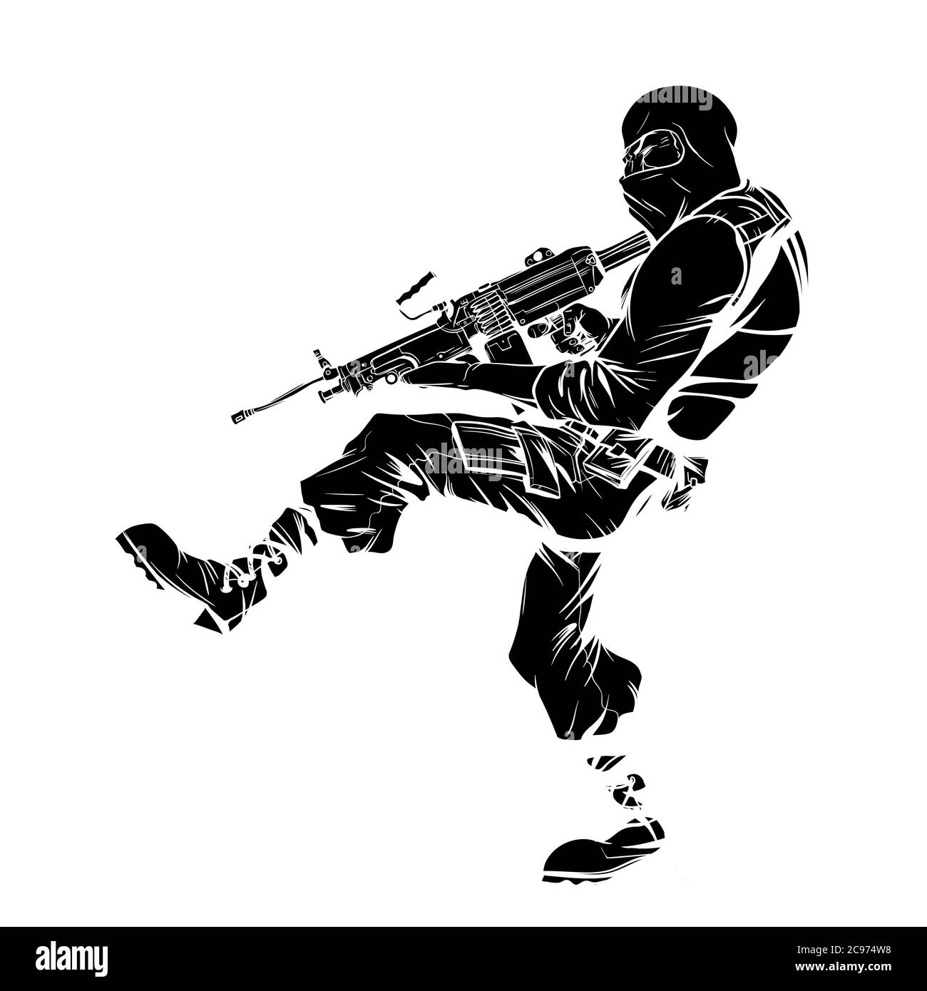 Silhouette di un uomo in uniforme militare che tiene una mitragliatrice e calci Illustrazione Vettoriale