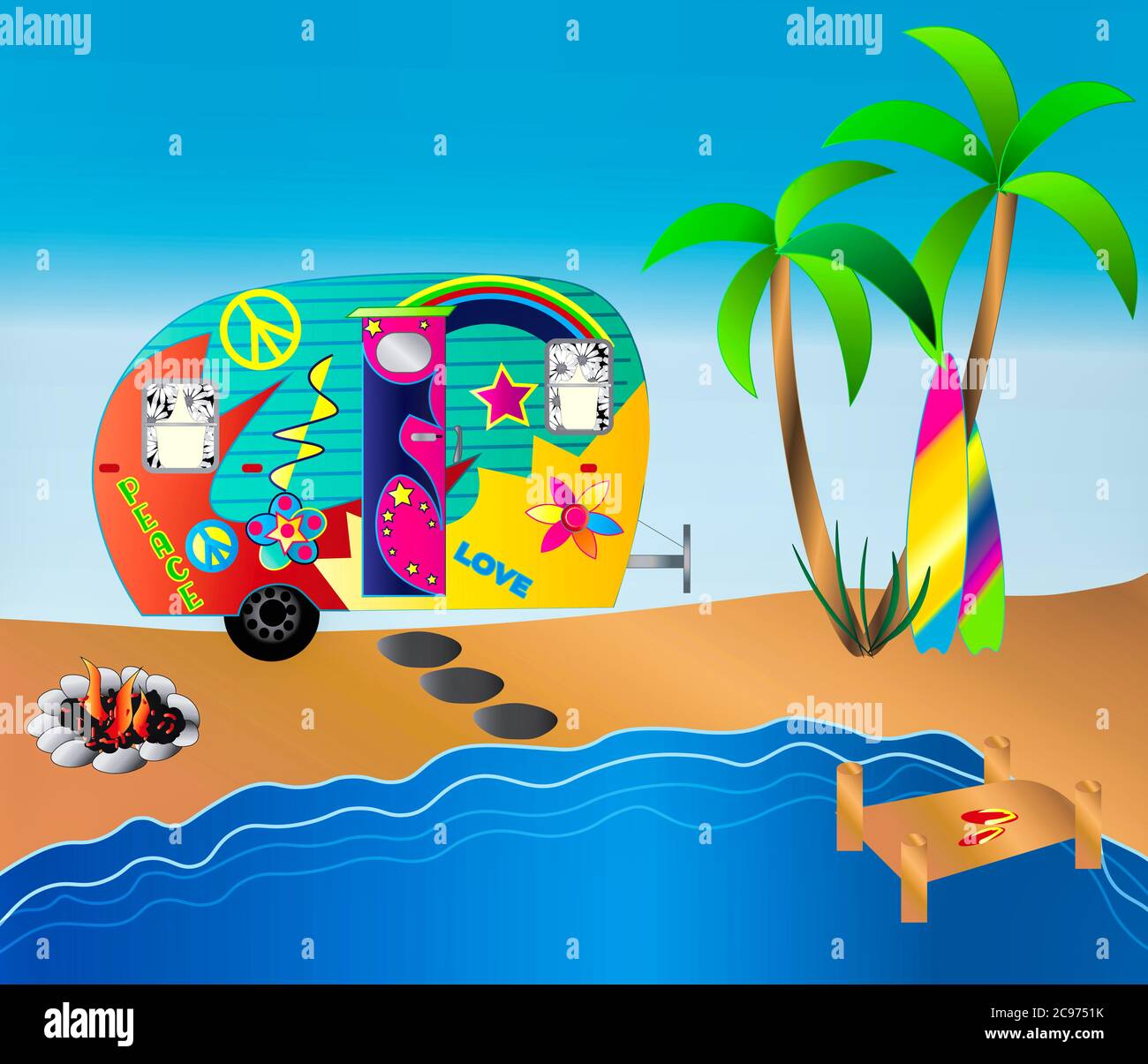 Divertente e colorata illustrazione grafica di un camper decorato con hippie, palme e molto altro. Colori vivaci Foto Stock