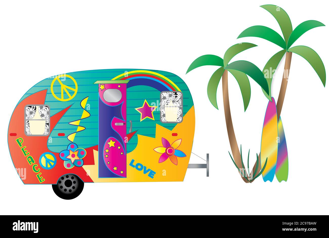 Divertente e colorata illustrazione grafica di un camper decorato con hippie, palme e molto altro. Colori vivaci Foto Stock