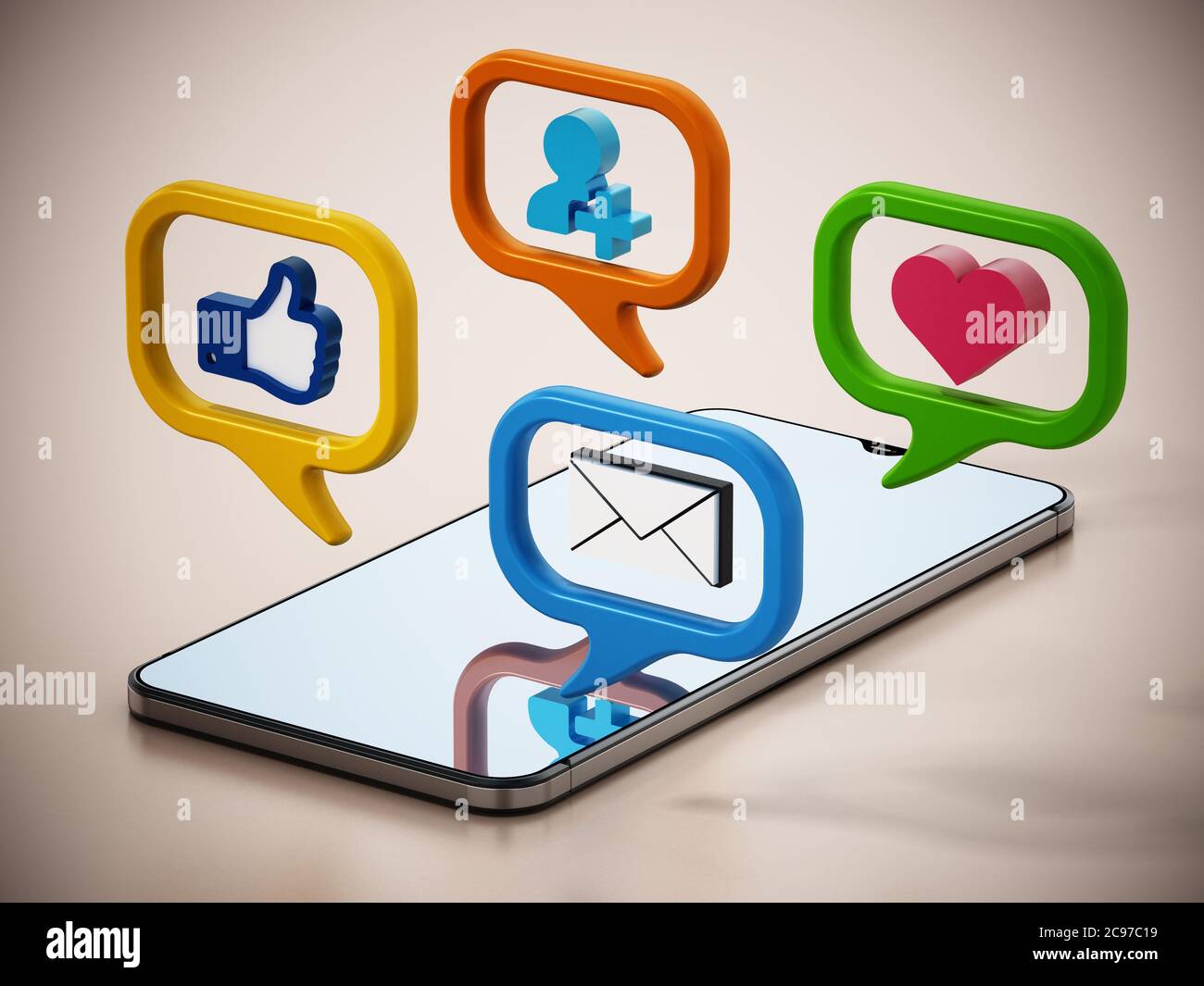 Simboli dei social media all'interno di palloncini vocali sullo smartphone. Illustrazione 3D. Foto Stock