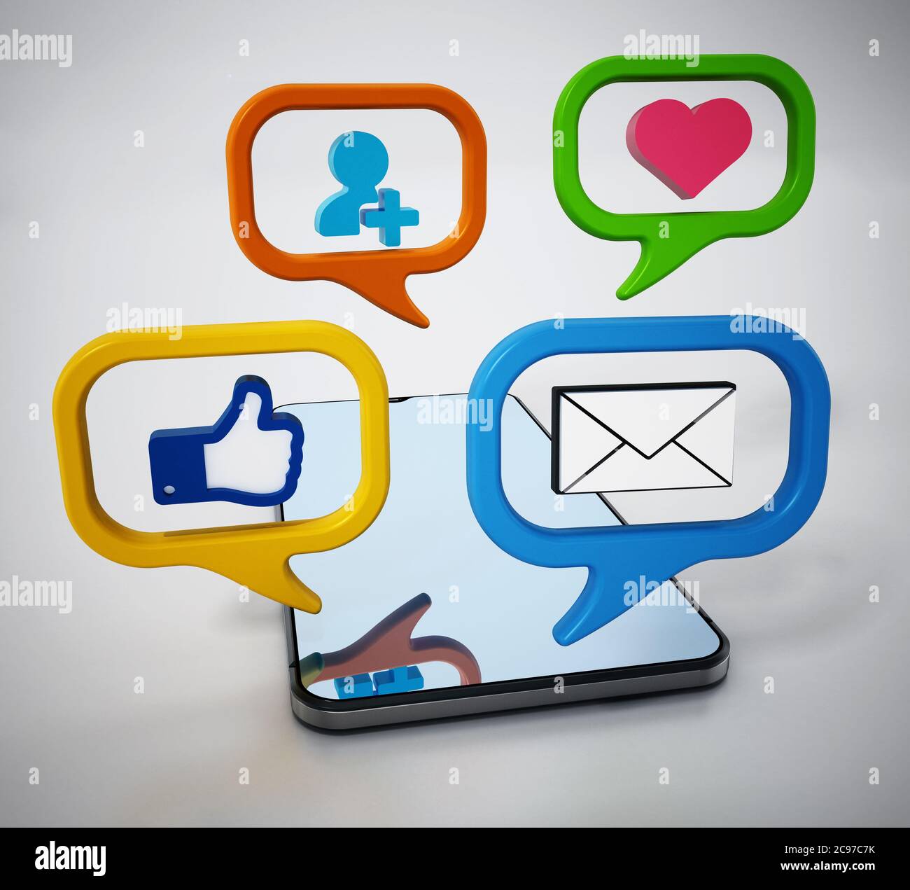 Simboli dei social media all'interno di palloncini vocali sullo smartphone. Illustrazione 3D. Foto Stock