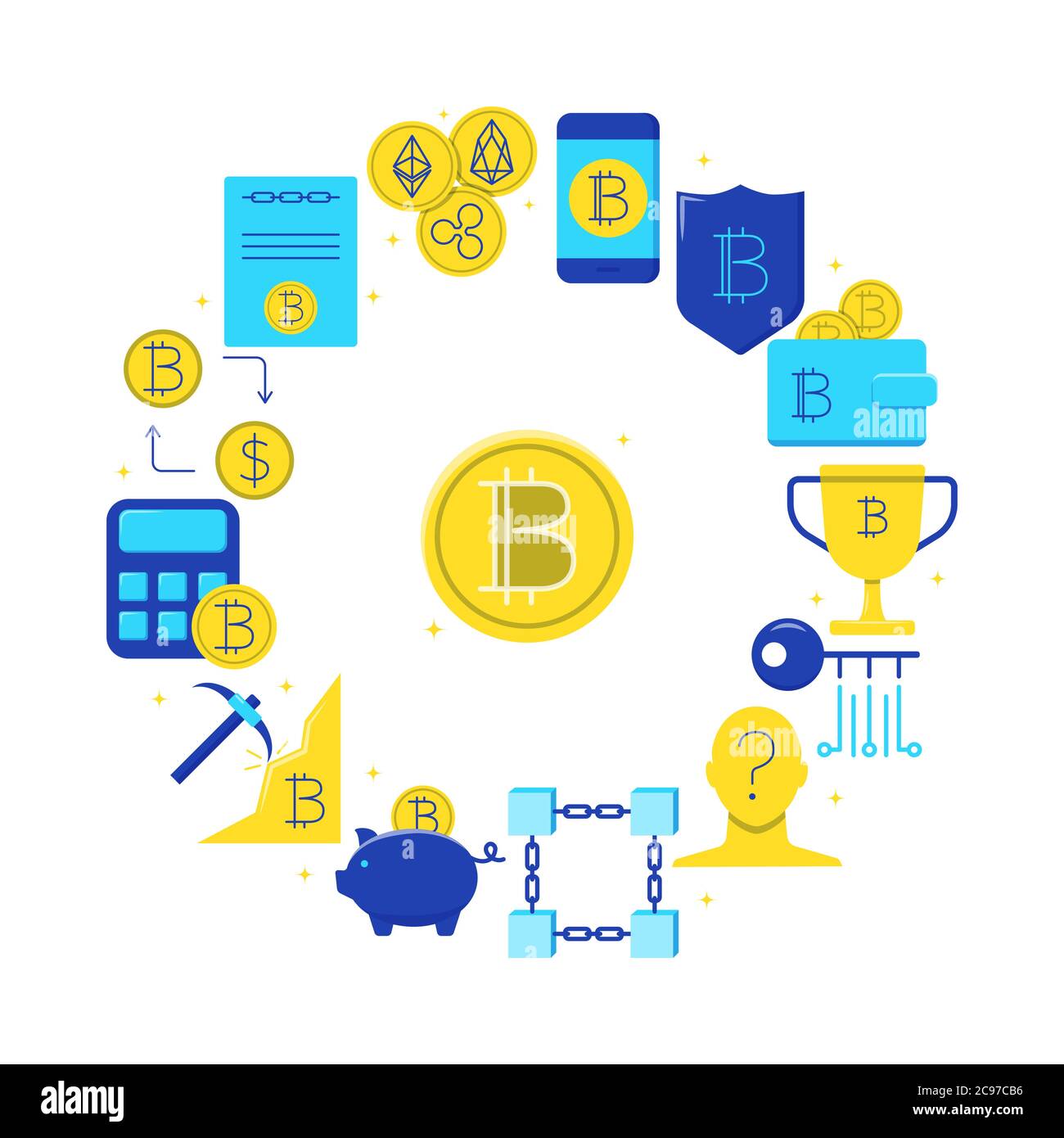 Poster rotondo con soldi digitali Bitcoin in stile piatto. Banner di valuta virtuale con simboli di monete alternative. Illustrazione vettoriale. Illustrazione Vettoriale