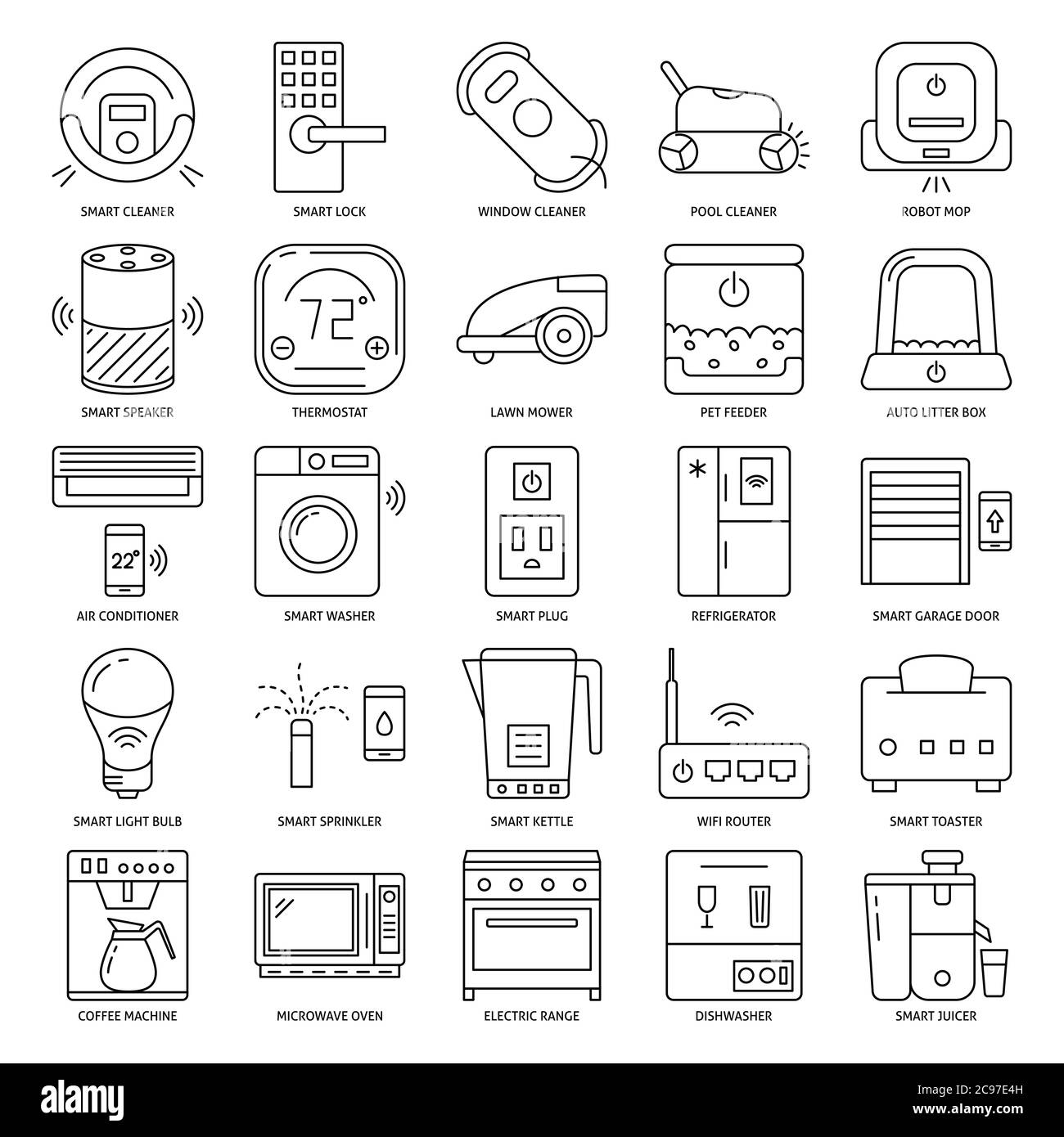 Icona di elettrodomestici intelligenti impostata in stile linea. Simboli dell'Internet delle cose. Illustrazione vettoriale. Illustrazione Vettoriale