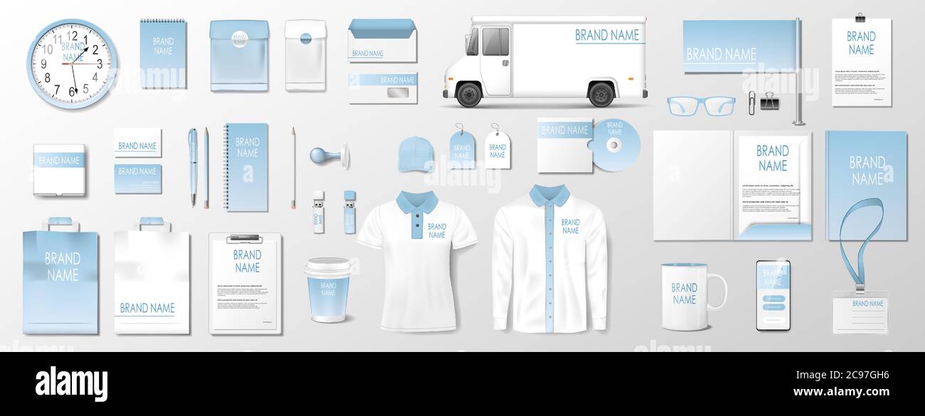 Modello di identità aziendale con elementi di colore blu pastello. Realistic batchery di affari mockup con il disegno fresco per il vostro marchio. Vettore Illustrazione Vettoriale