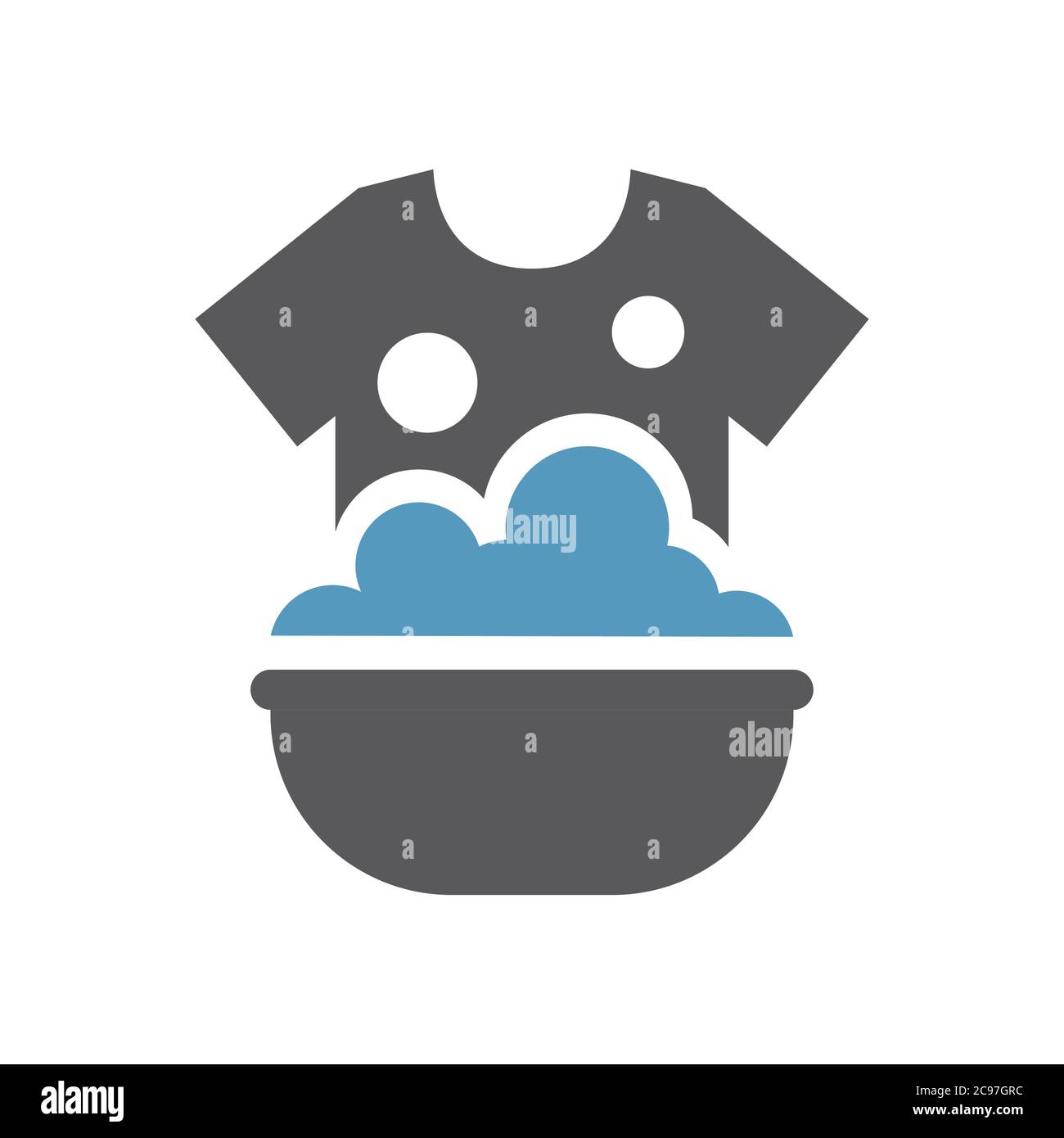 Vestiti lavarsi a mano in un lavello icona. T-shirt in schiuma di sapone e bolle in un bacino semplice vettore simbolo di bucato. Illustrazione Vettoriale