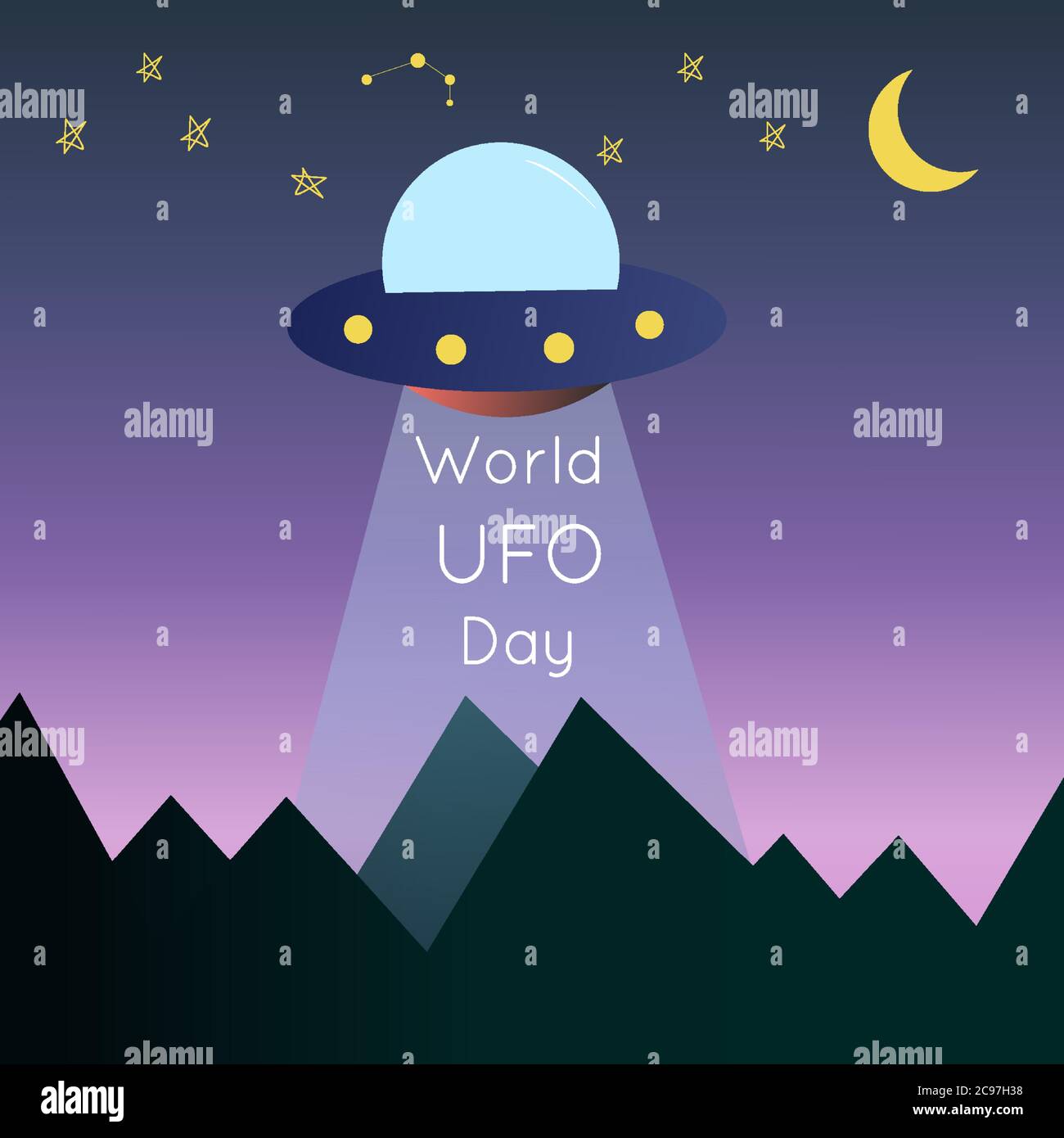 2 luglio UFO giorno. Gli alieni volarono sulla Terra per rubare le persone per esperimenti. Illustrazione del vettore World UFO day Illustrazione Vettoriale