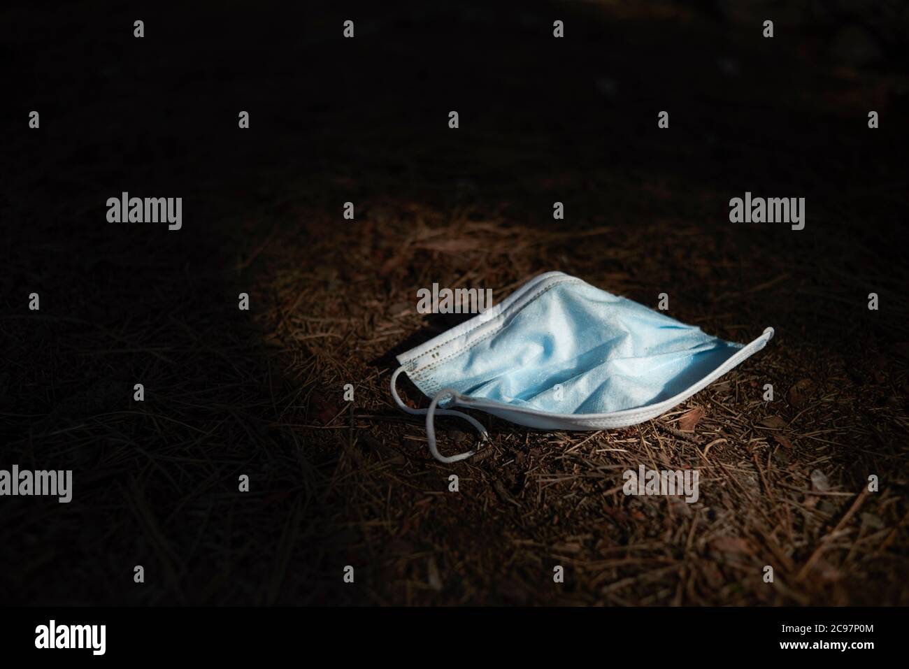 primo piano di una maschera chirurgica blu utilizzata gettata sul terreno nei boschi Foto Stock