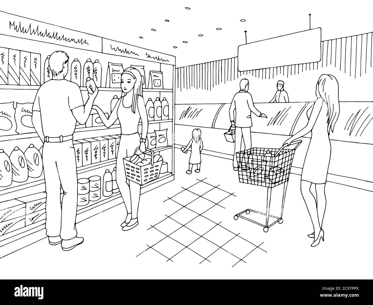 Negozio di alimentari negozio interno nero bianco grafico schizzo illustrazione vettore, la gente che acquista prodotti Illustrazione Vettoriale