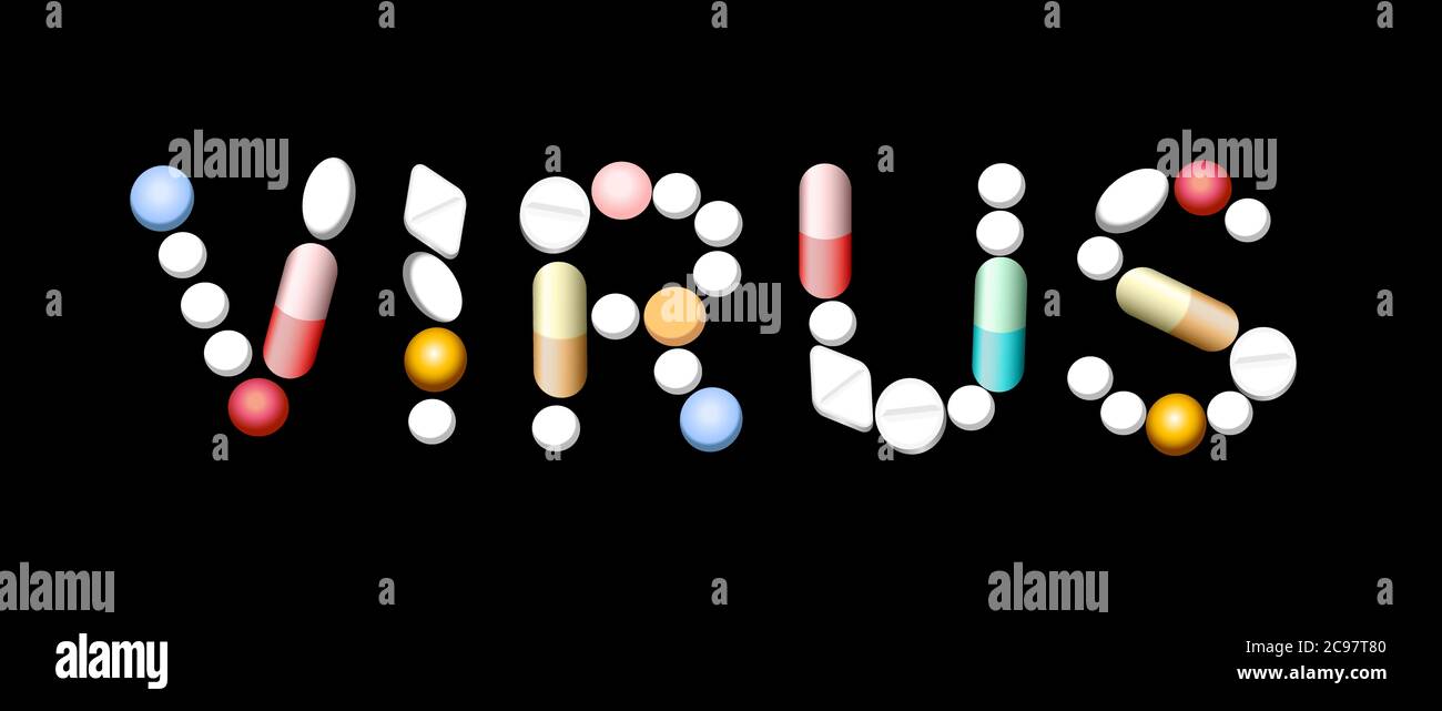 VIRUS scritto con pillole, compresse, capsule - illustrazione su sfondo nero. Foto Stock