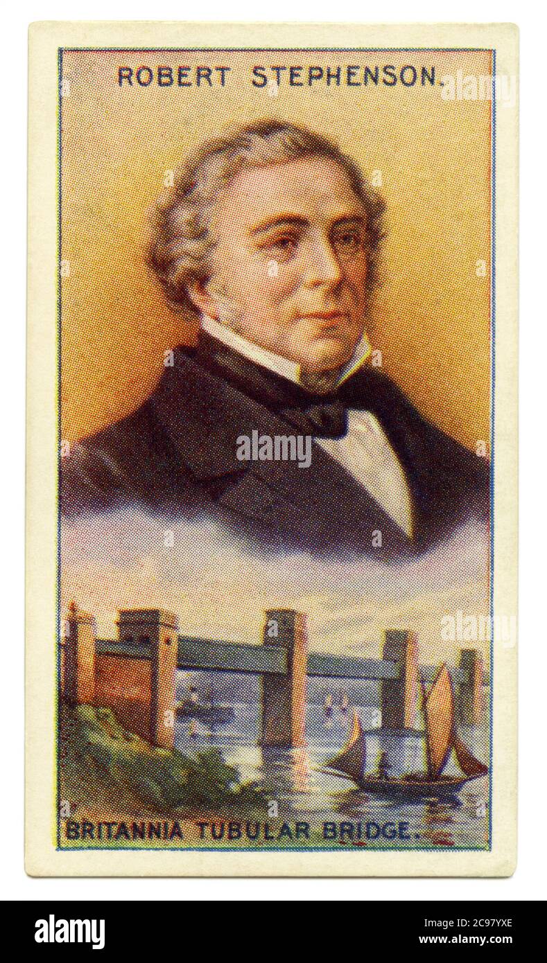 Una vecchia scheda di sigaretta (c.. 1929) con un ritratto di Robert Stephenson (1803–1859) e un'illustrazione del suo ponte tubolare Britannia. Robert Stephenson era un ingegnere ferroviario e civile inglese. Unico figlio di George Stephenson, costruì sulle conquiste del padre. Robert è stato chiamato il più grande ingegnere del 19 ° secolo. La sua Stockton e Darlington Railway aprirono il 27 settembre 1825 – la prima al mondo. Il ponte Britannia è stato costruito per la Chester & Holyhead Railway per attraversare lo stretto di Menai dal Galles all'isola di Anglesey. La linea e il ponte aprirono nel 1850. Foto Stock