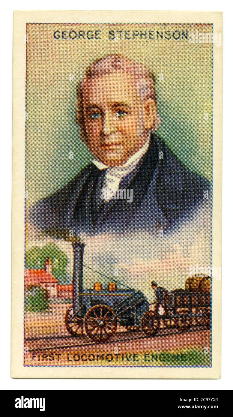 Una vecchia scheda di sigaretta (c.. 1929) con un ritratto di George Stephenson (1781–1848) e un'illustrazione della sua famosa locomotiva a vapore "Rocket". George Stephenson era un ingegnere britannico spesso chiamato il "Padre delle ferrovie". Il suo calibro ferroviario (Stephenson gauge) era la base per il calibro standard utilizzato dalla maggior parte delle ferrovie del mondo. Il "Rocket" di Stephenson ha vinto i trials di Rainhill tenuti dalla Liverpool e dalla Manchester Railway nel 1829 per la dimostrazione del design migliorato della locomotiva a vapore. Il razzo era il loco più avanzato e divenne il modello per la maggior parte dei locomotori a vapore. Foto Stock