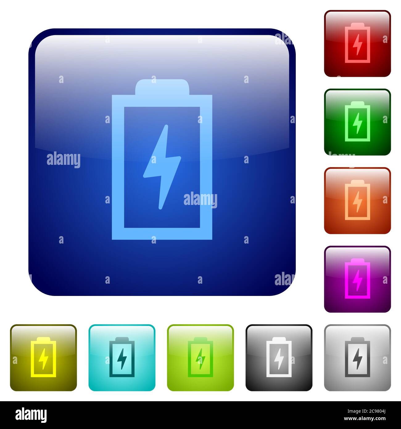 Batteria con icone di energia in set di pulsanti lucidi di colore quadrato arrotondato Illustrazione Vettoriale