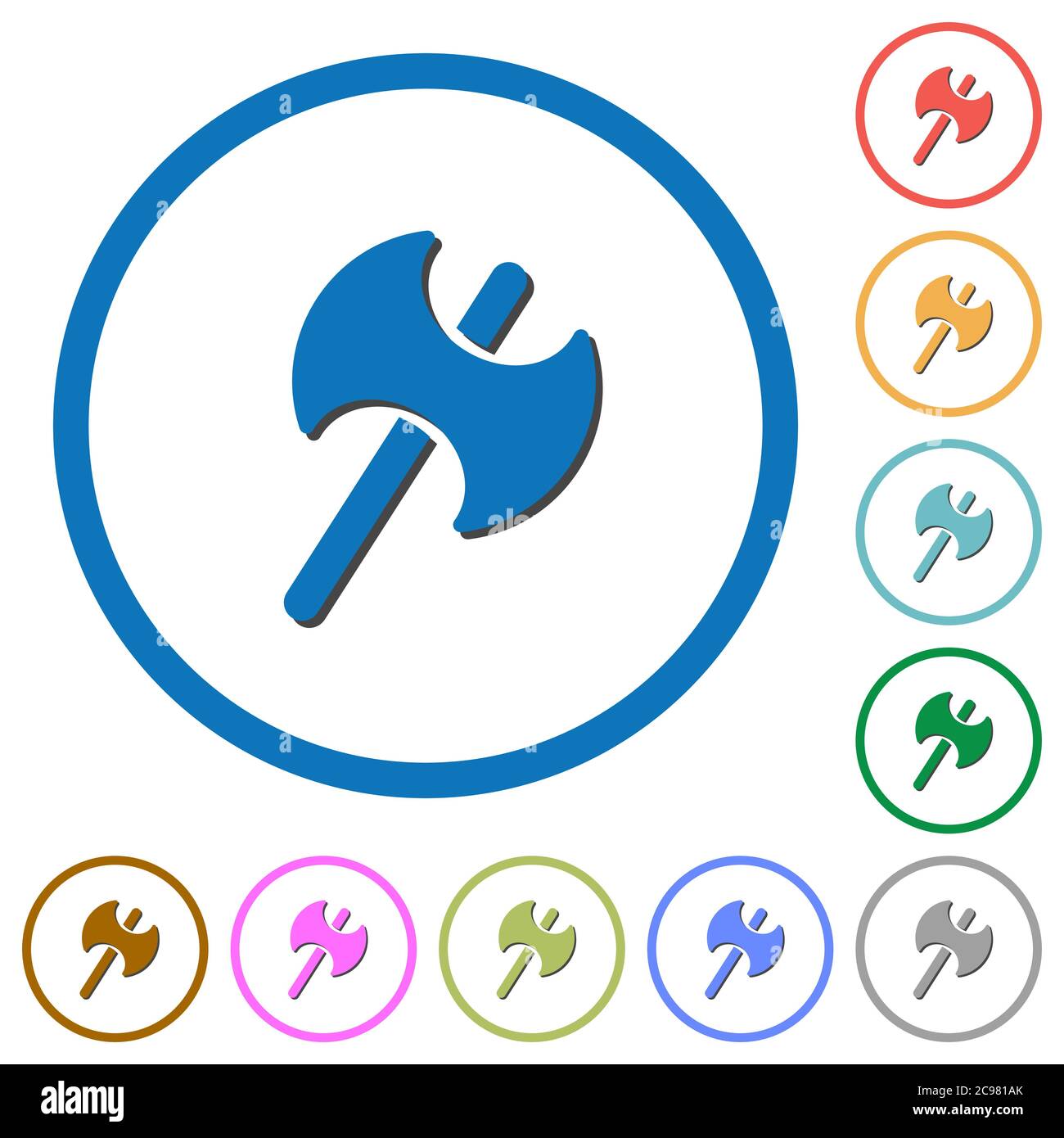 Icone vettoriali piatte a due teste in ascia da battaglia con ombre in contorni rotondi su sfondo bianco Illustrazione Vettoriale