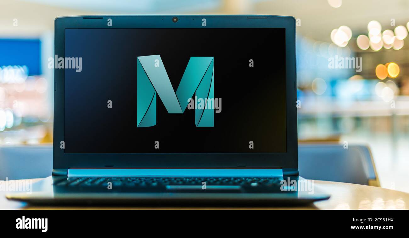 POZNAN, POL - 16 GIU 2020: Computer portatile che visualizza il logo di Autodesk Maya, un'applicazione di grafica per computer 3D sviluppata da Alias Systems Corporatio Foto Stock