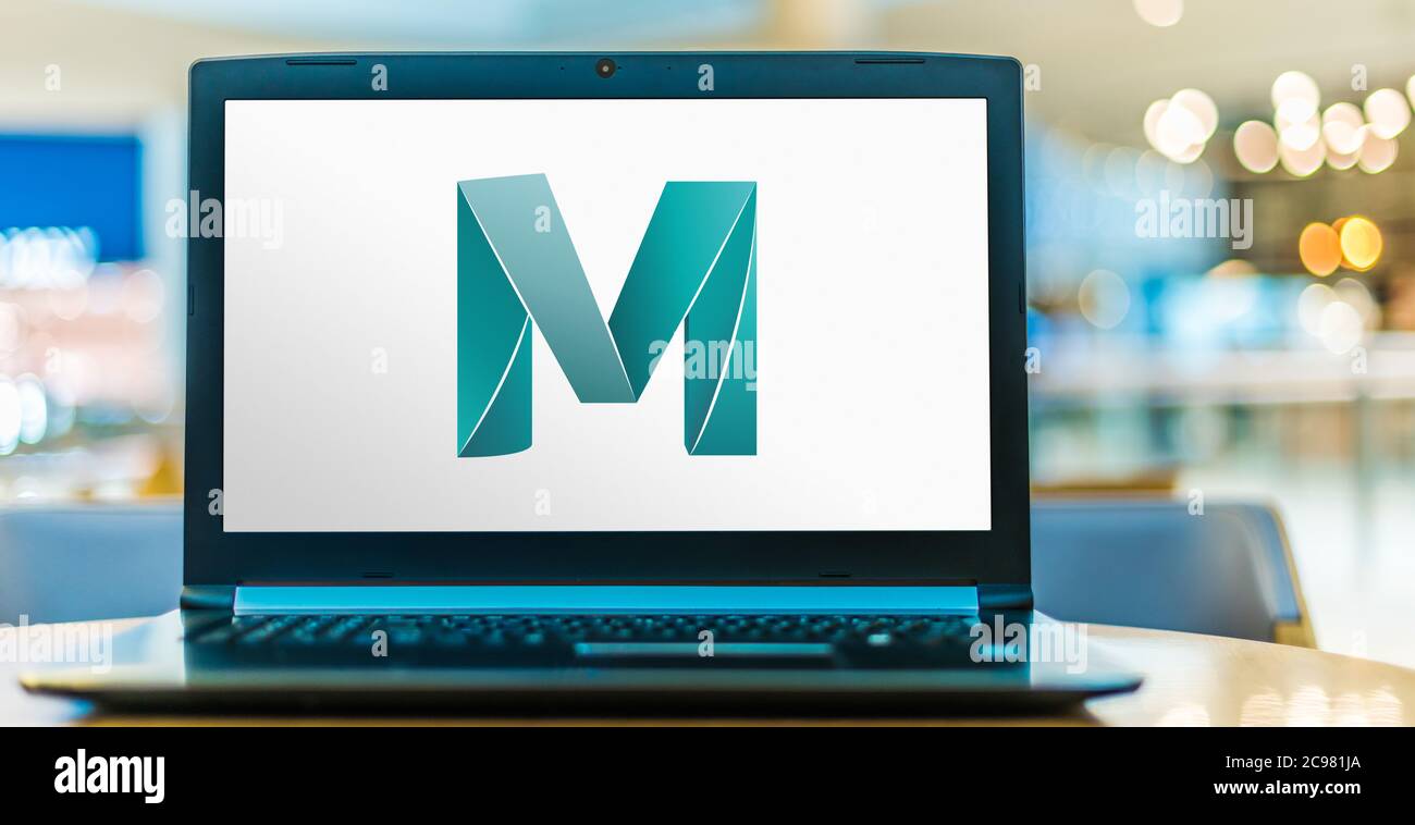 POZNAN, POL - 16 GIU 2020: Computer portatile che visualizza il logo di Autodesk Maya, un'applicazione di grafica per computer 3D sviluppata da Alias Systems Corporatio Foto Stock