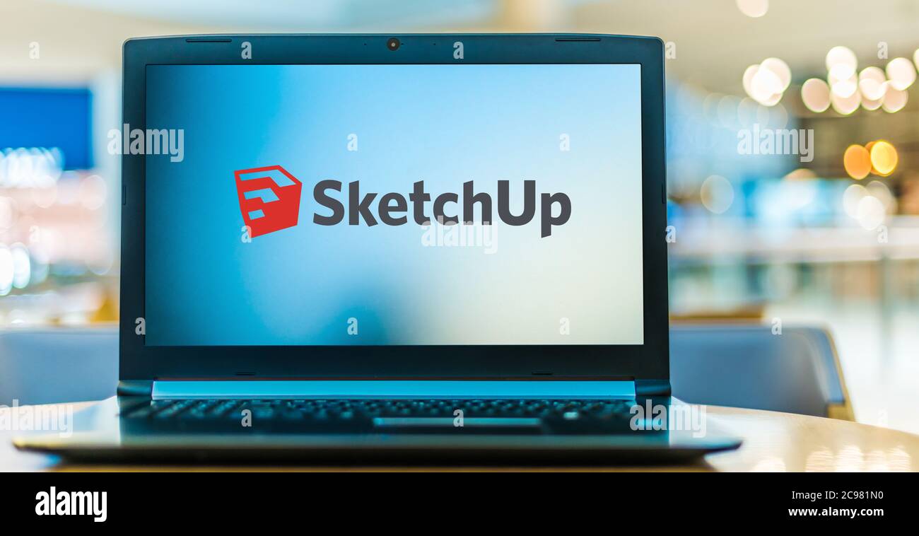 POZNAN, POL - 16 GIU 2020: Computer portatile che visualizza il logo di SketchUp, un programma per computer di modellazione 3D per applicazioni di disegno come l'architettura Foto Stock