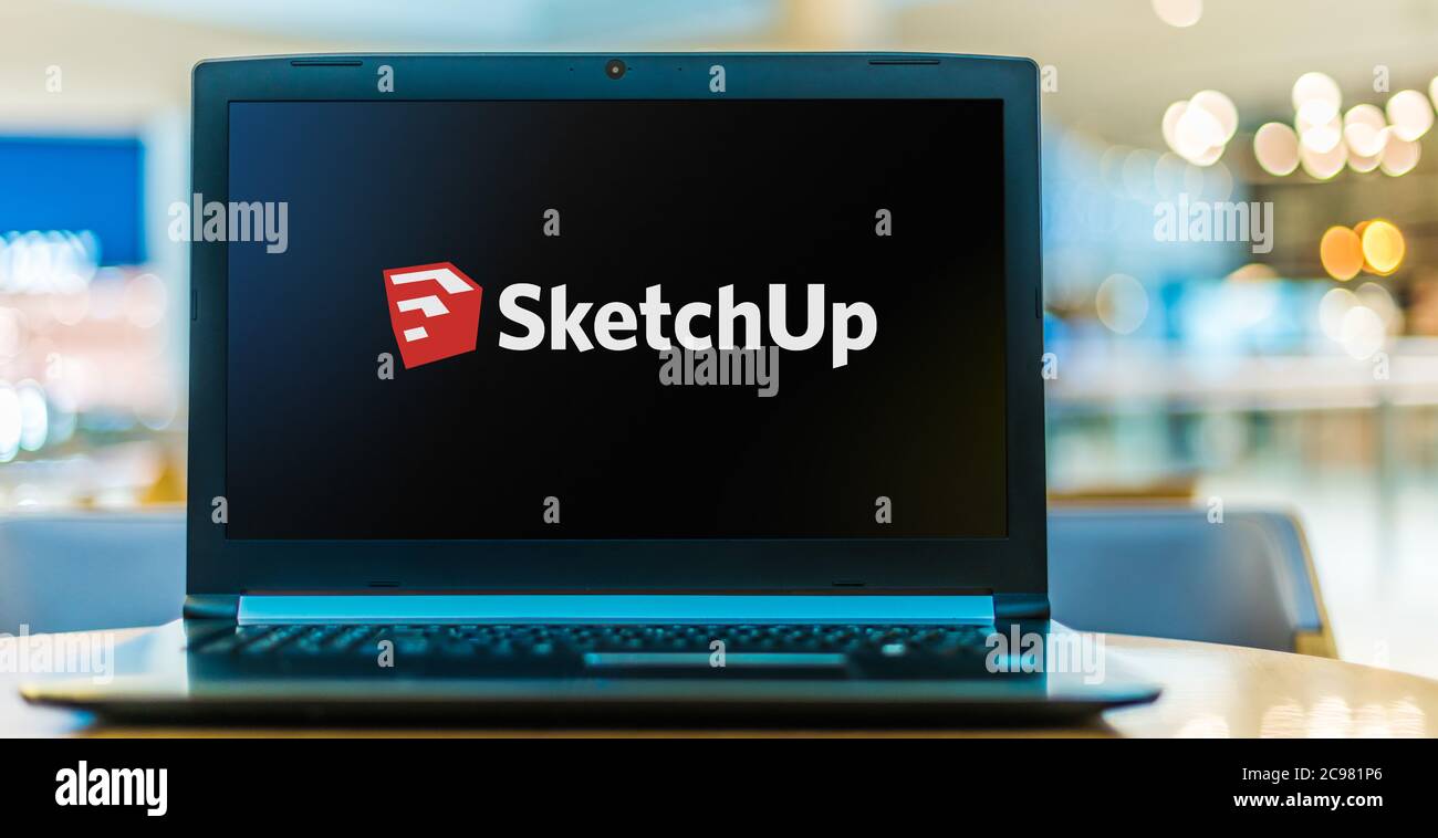 POZNAN, POL - 16 GIU 2020: Computer portatile che visualizza il logo di SketchUp, un programma per computer di modellazione 3D per applicazioni di disegno come l'architettura Foto Stock