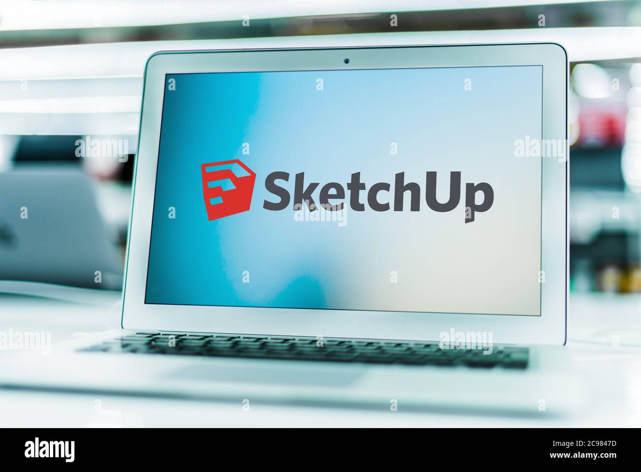 POZNAN, POL - 16 GIU 2020: Computer portatile che visualizza il logo di SketchUp, un programma per computer di modellazione 3D per applicazioni di disegno come l'architettura Foto Stock
