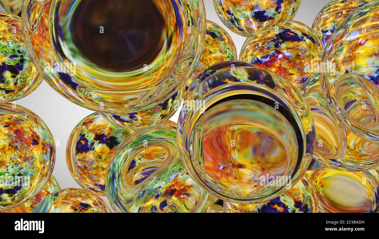 Macro di gocce d'olio sulla superficie dell'acqua con colori vivaci in background Foto Stock