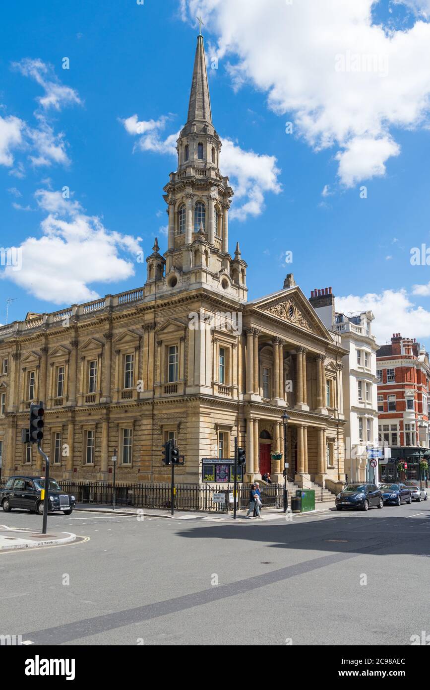 Hinde Street Methodist Church si trova all'angolo tra Hinde Street e Thayer Street, Marylebone, Londra, Inghilterra, Regno Unito Foto Stock