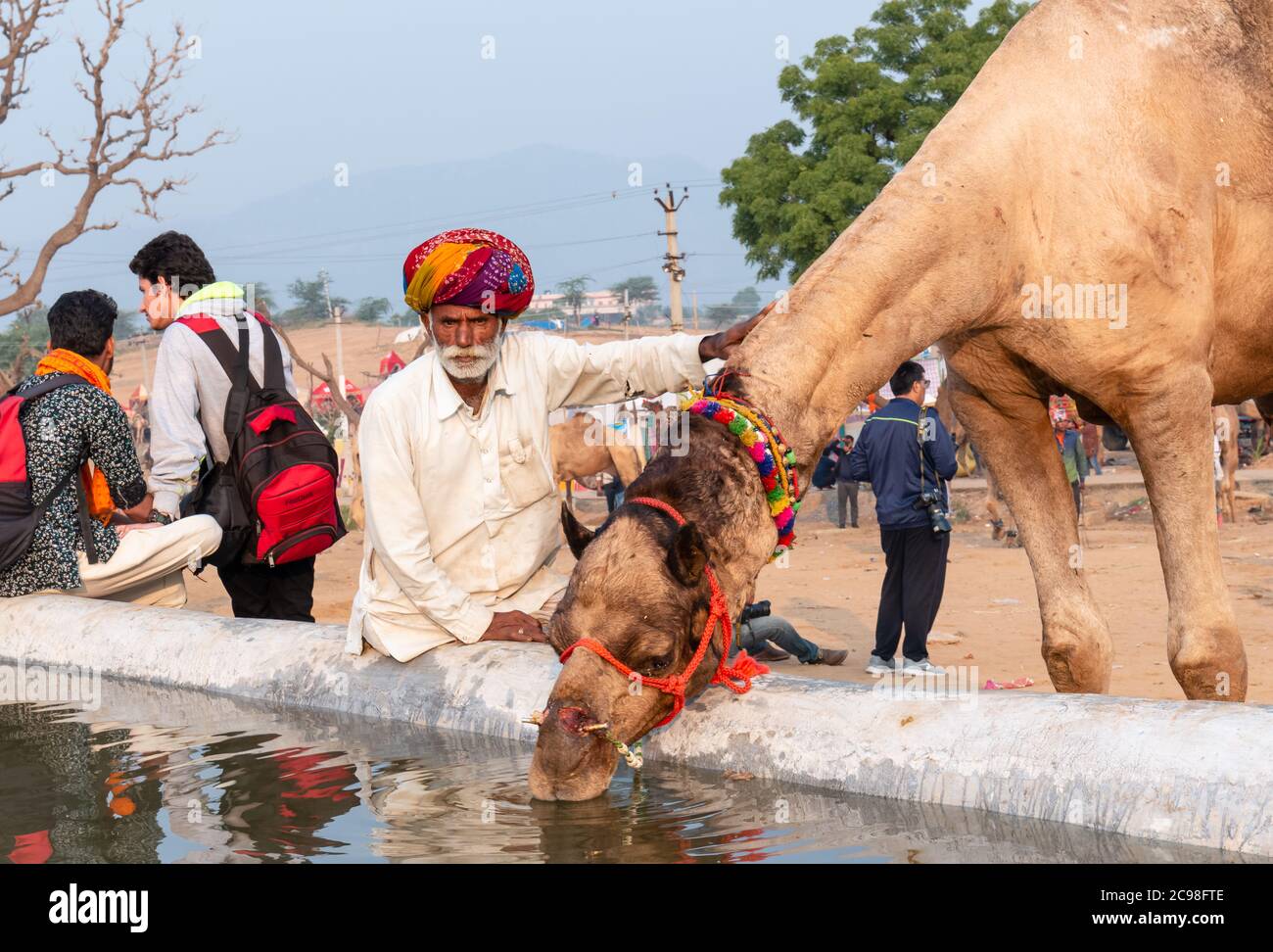 Un ritratto di vecchio indiano con cammello decorato vicino al corpo dell'acqua a Pushkar Camel Fair Ground. Foto Stock