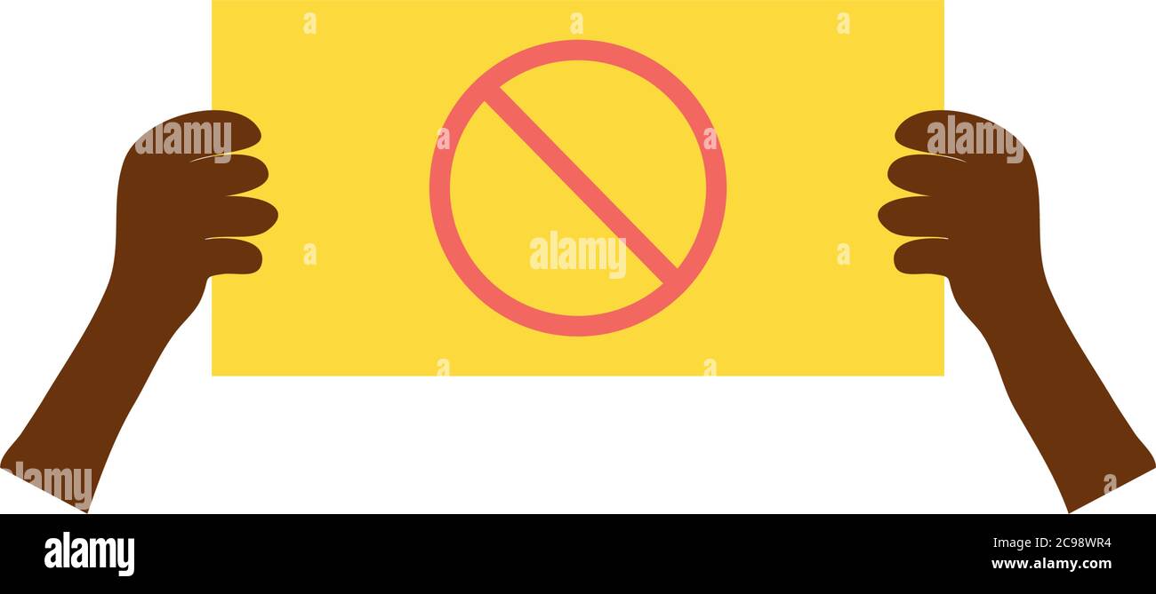 concetto di protesta, mani con cartellone con simbolo proibito su sfondo bianco, stile piatto, illustrazione vettoriale Illustrazione Vettoriale
