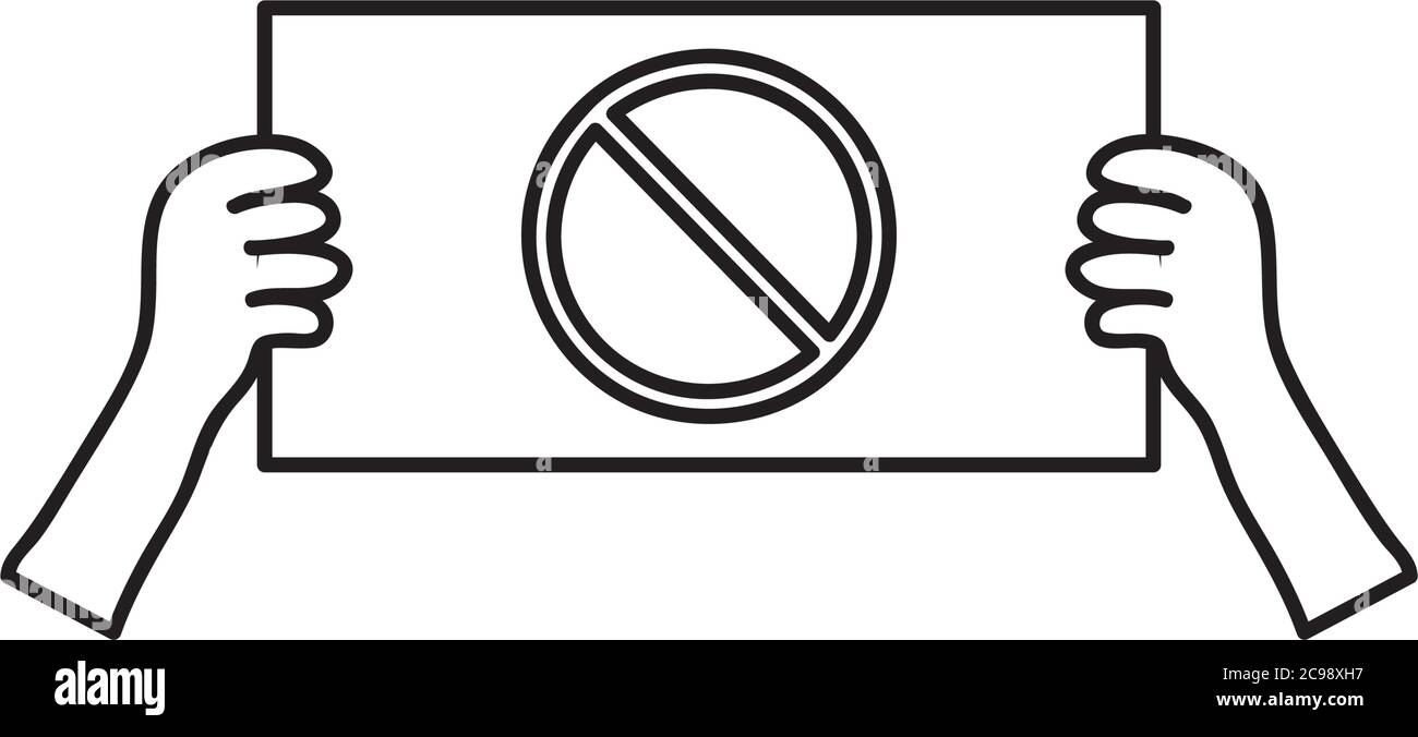 concetto di protesta, mani con cartellino con icona di simbolo proibito su sfondo bianco, stile di linea, illustrazione vettoriale Illustrazione Vettoriale