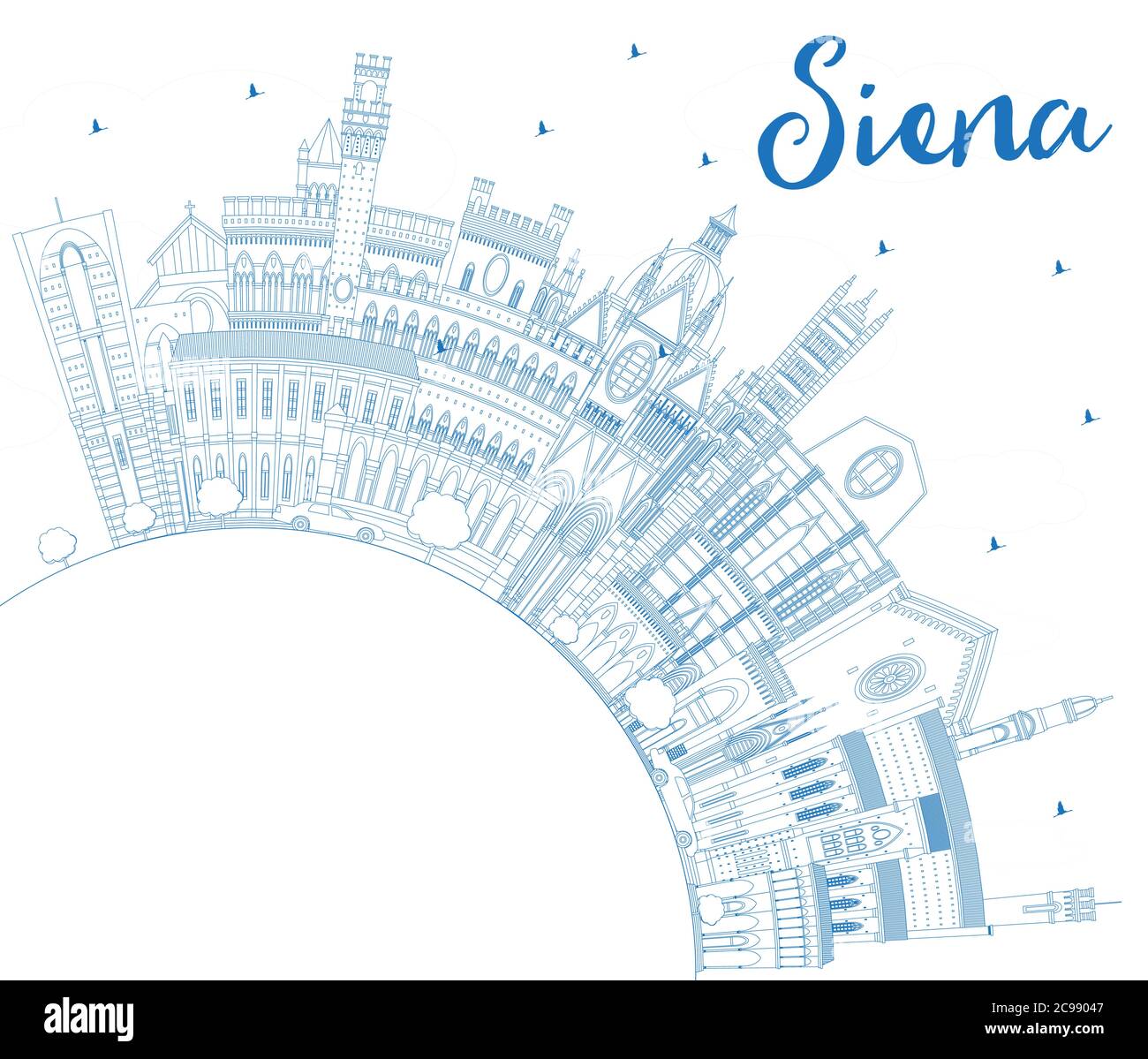 Profilo Siena Toscana Italia skyline della città con edifici blu e copia di spazio. Illustrazione Vettoriale. Illustrazione Vettoriale