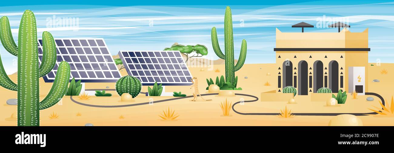Concetto di energia solare. Paesaggio desertato con Sandy Building. Due pannelli solari e piante. Tecnologie ecologiche alternative rinnovabili. Illustrazione Vettoriale