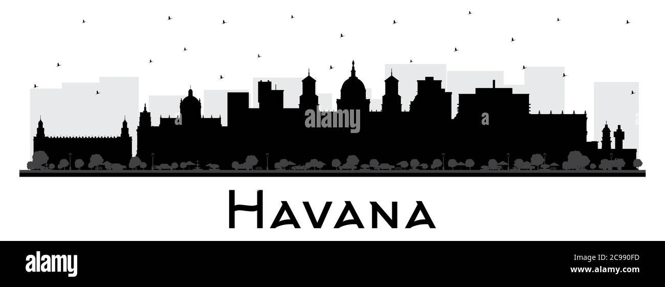 Havana Cuba City Skyline Silhouette con edifici neri isolati su bianco. Illustrazione vettoriale. Illustrazione Vettoriale