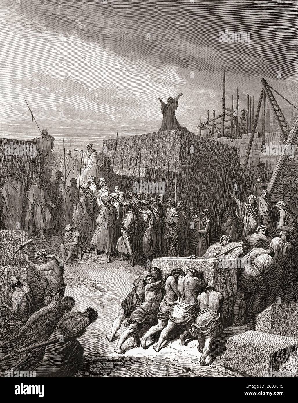 Ricostruzione del tempio. Inciso da Charles Maurand dopo un'opera di Gustave Dore. La foto si riferisce alla costruzione del secondo Tempio che fu costruito per sostituire il Tempio di Salomone dopo la sua distruzione durante le guerre con l'Impero Neo-Babilonese nel VI secolo a.C. Foto Stock