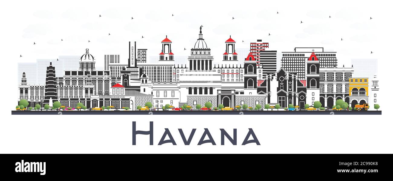 Havana Cuba City Skyline con edifici a colori isolati in bianco. Illustrazione vettoriale. Illustrazione Vettoriale