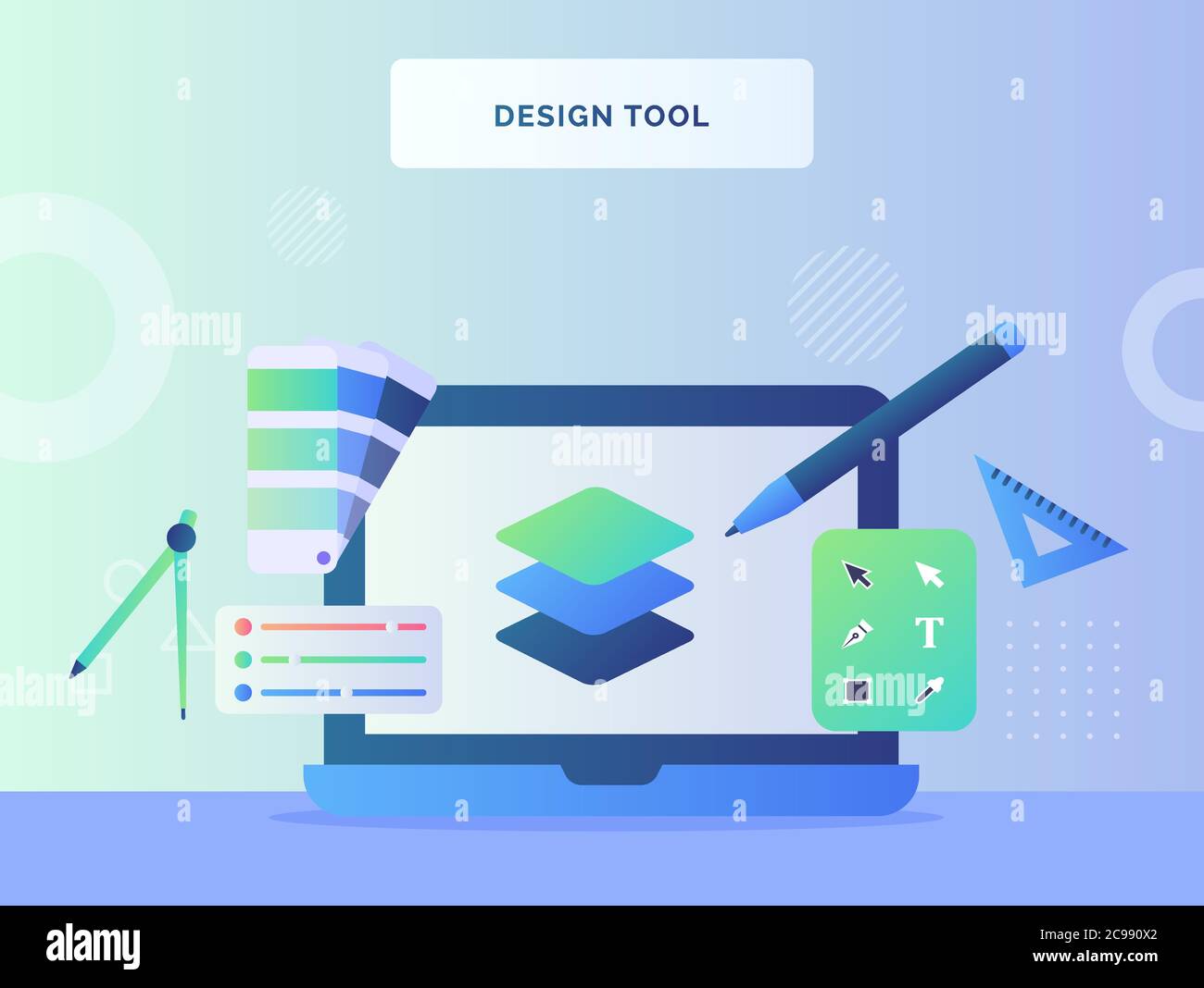 Design Tool Concept penna strato colore pallet su display monitor laptop con stile Illustrazione Vettoriale