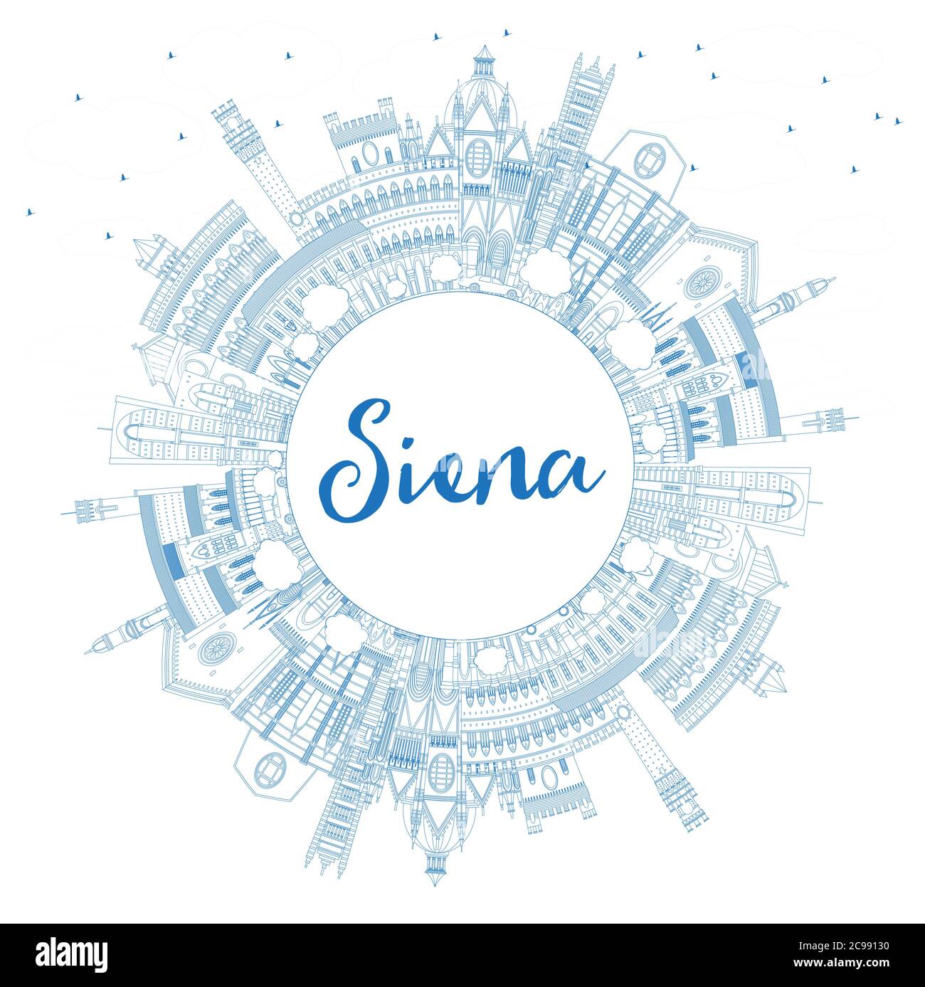 Profilo Siena Toscana Italia skyline della città con edifici blu e copia di spazio. Illustrazione Vettoriale. Illustrazione Vettoriale