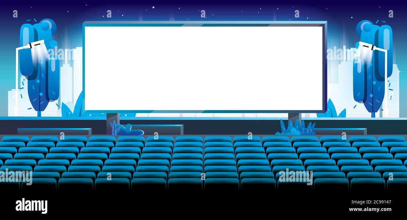 Cinema all'aperto in città. Illustrazione vettoriale. Ampio schermo luminoso davanti alle sedie vuote. Illustrazione Vettoriale