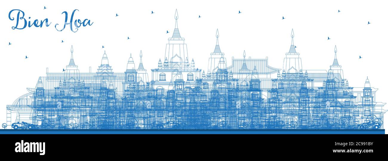 Delineare Bien Hoa Vietnam skyline della città con edifici di colore blu. Illustrazione Vettoriale. Viaggi di affari e di turismo con il concetto di architettura storica. Illustrazione Vettoriale