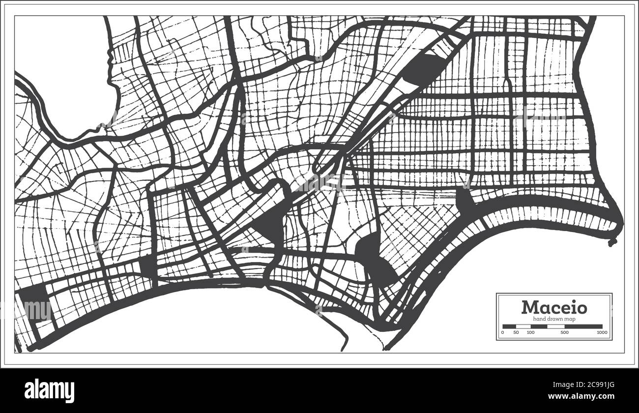 Mappa della città di Maceio Brasile in bianco e nero in stile retro. Mappa di contorno. Illustrazione vettoriale. Illustrazione Vettoriale